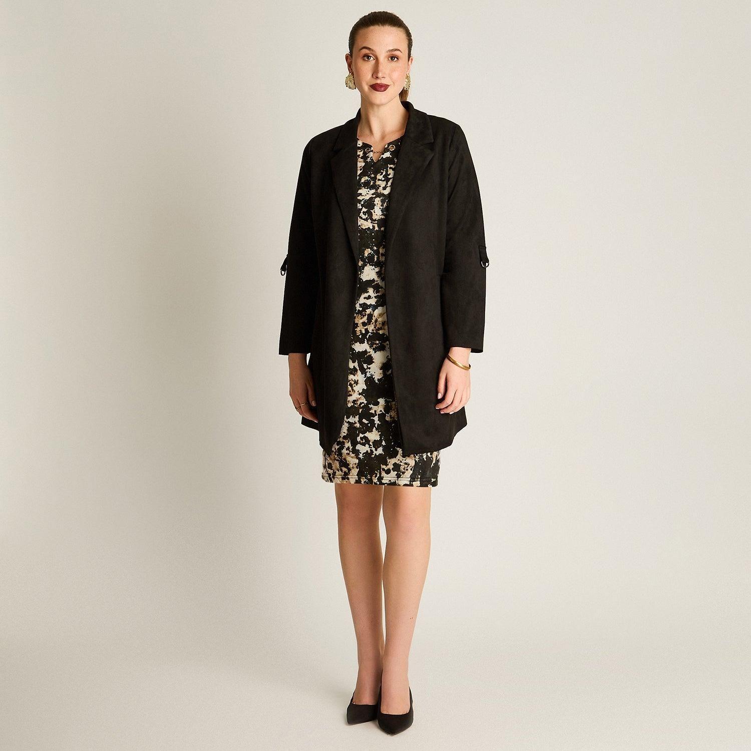 Chaqueta Suede Mujer Manga Roll Up con Bolsillos Negra-3