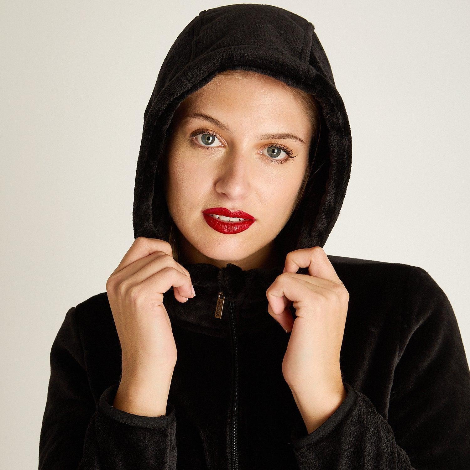 Poleron Coral Fleece Negro Manga Larga Elasticidad Media Sin Forro Calce Normal Tela Punto-2