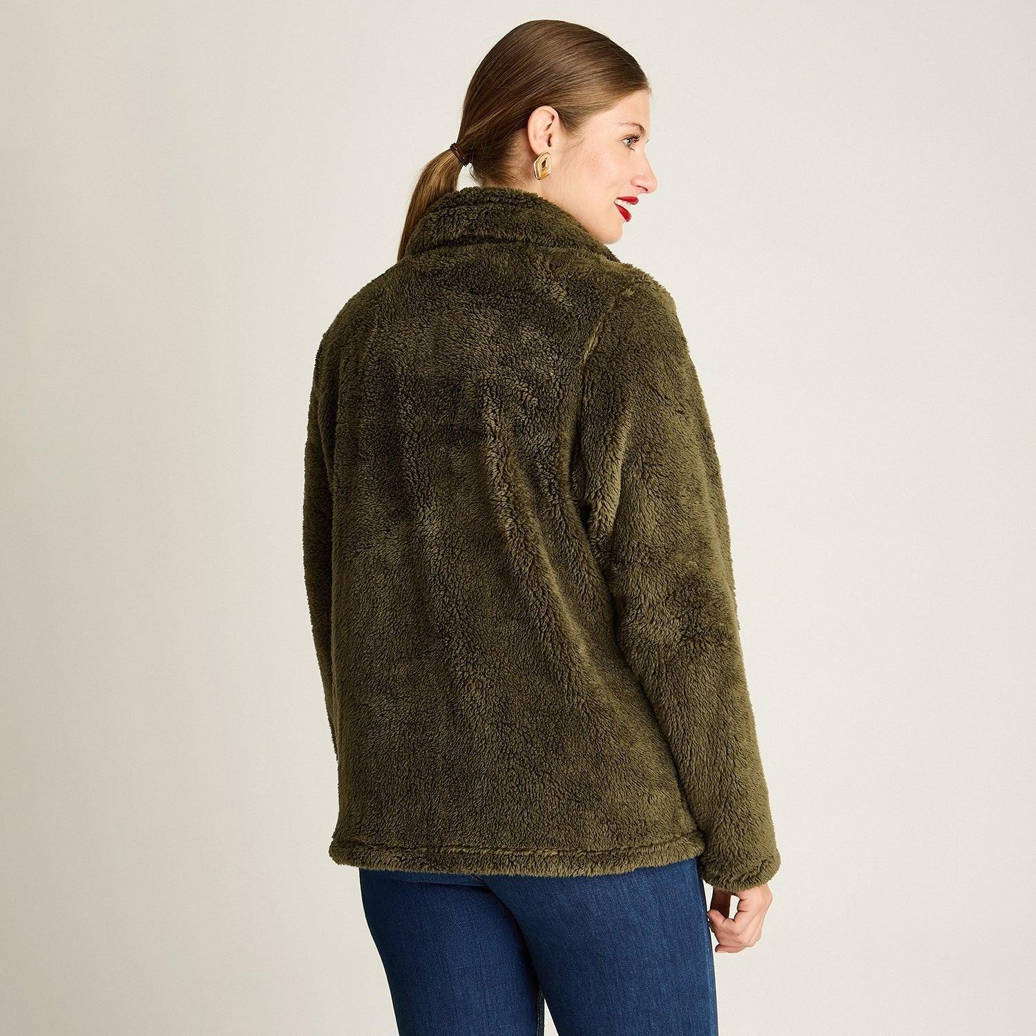 Polerón Coral Fleece Mujer Full Zipper Efecto Piel Verde-1