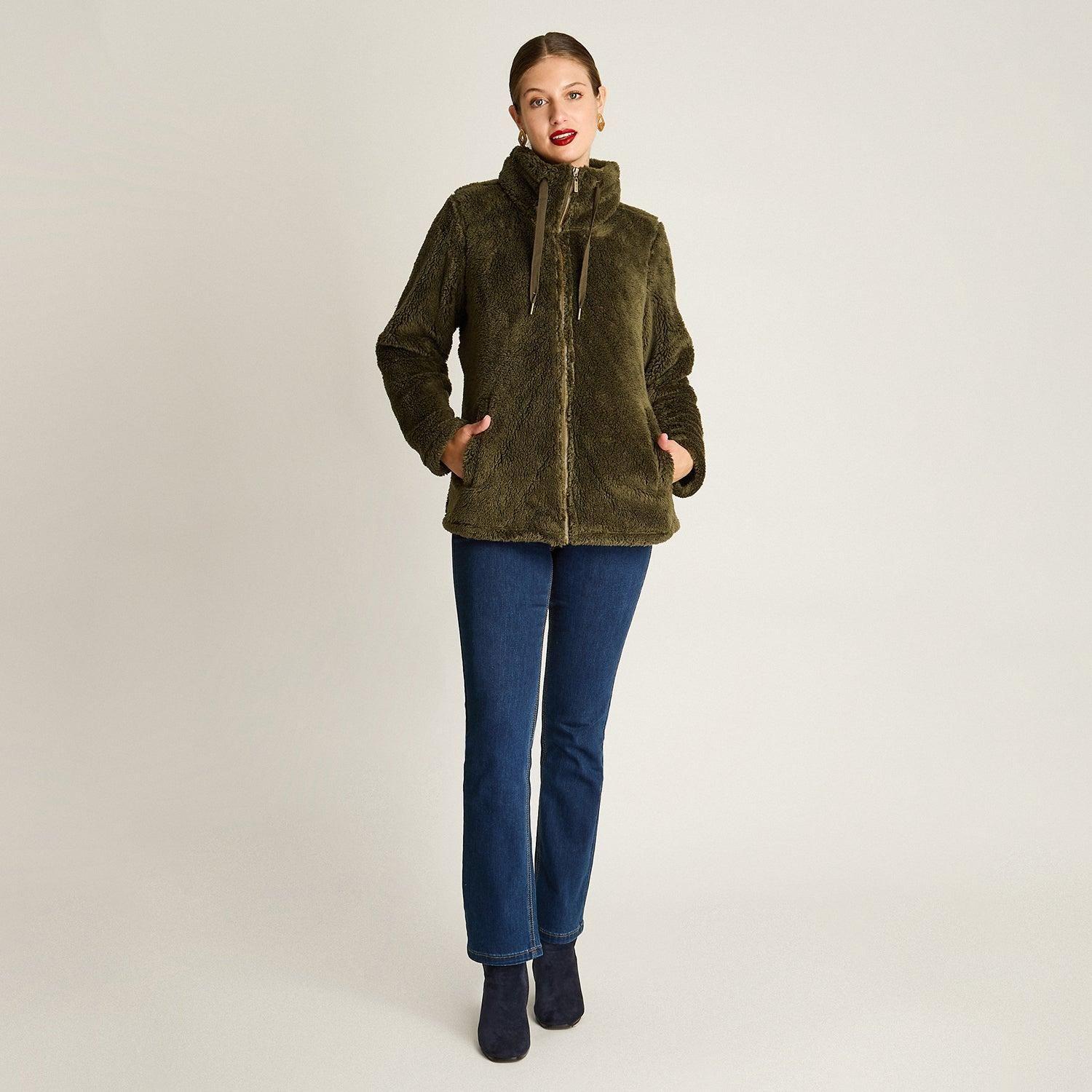 Polerón Coral Fleece Mujer Full Zipper Efecto Piel Verde-3