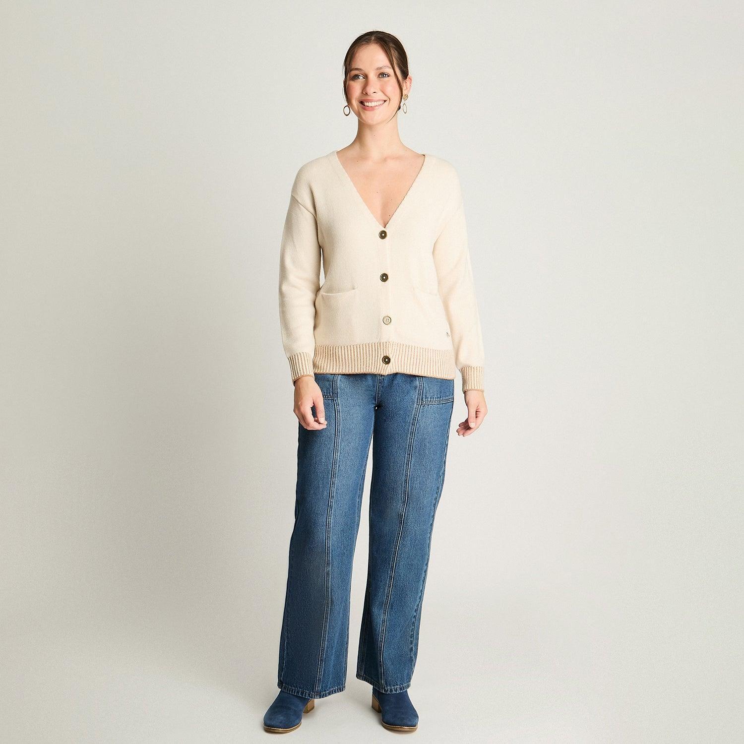 Cardigan Manga Larga Detalles De Lurex Beige-3