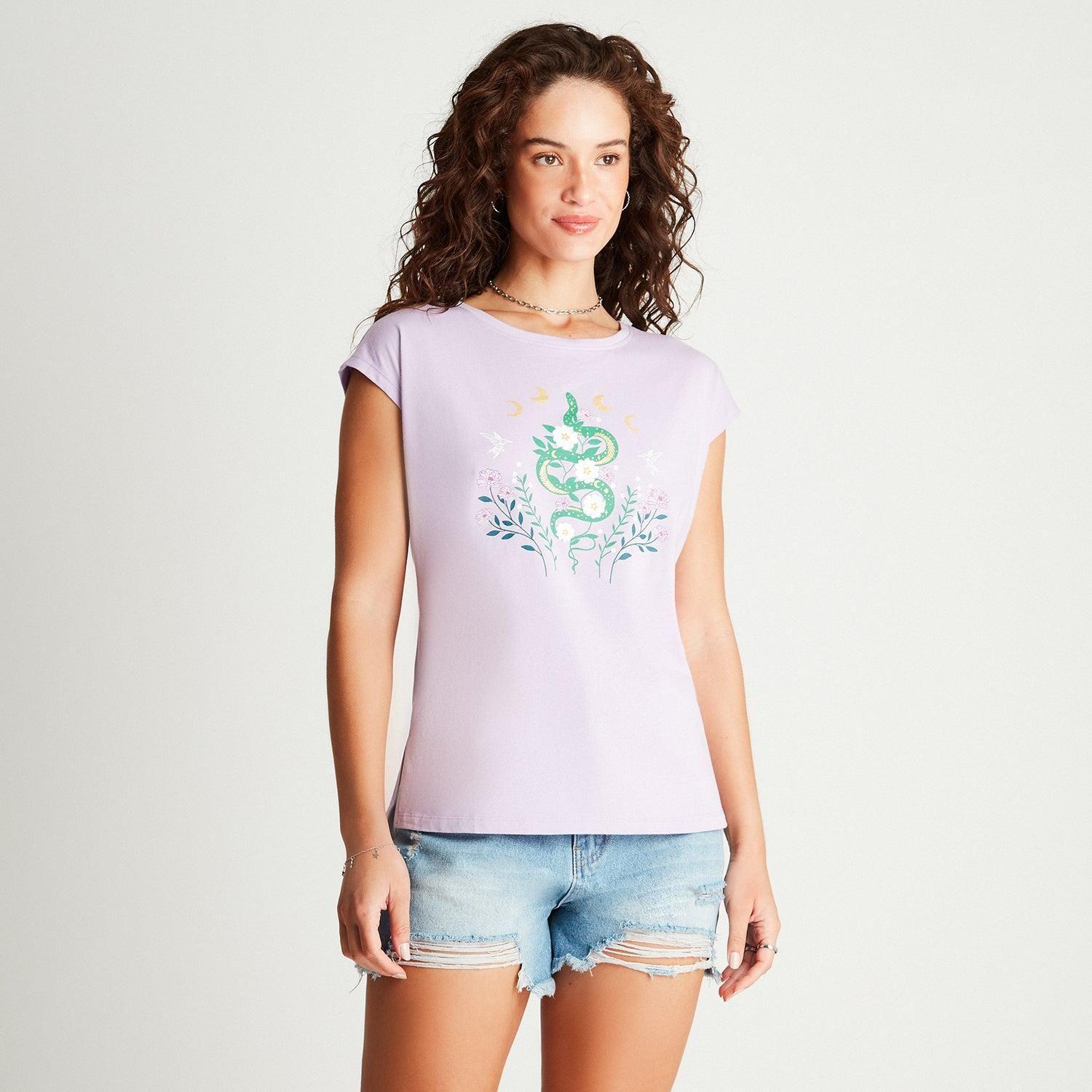 Polera Lila Manga Corta Estampado Cuello Redondo-0