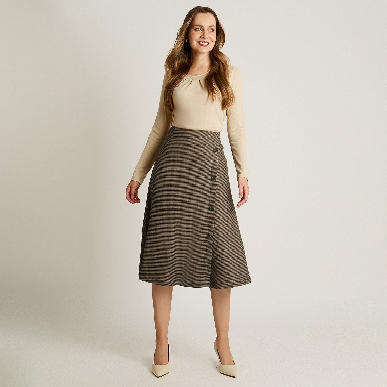 Falda Gris Lanilla Midi con Diseño de Patrón Clásico-3