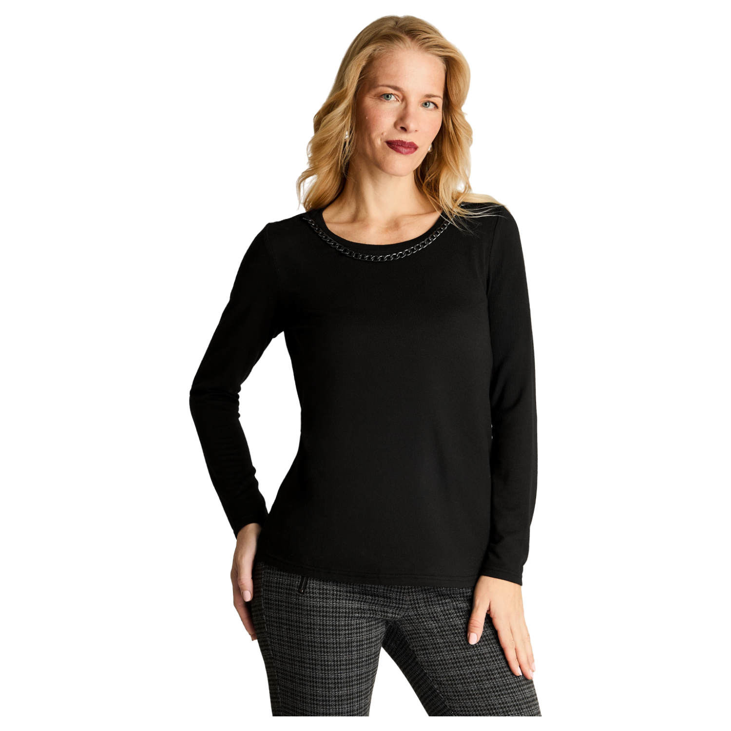 Polera De Lanilla Manga Larga Con Cadena En Escote Negro-0