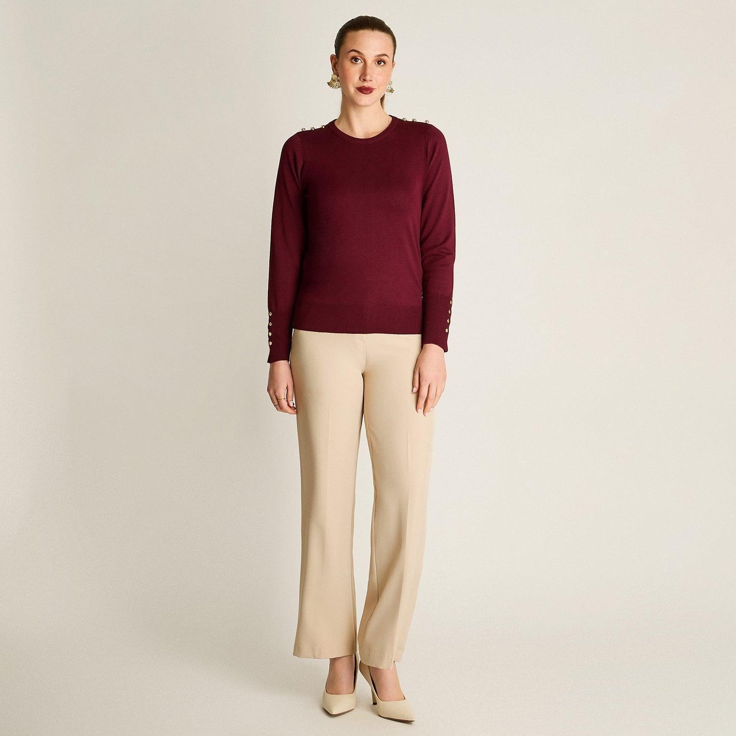 Sweater Burdeo Cuello Redondo con Botones en Hombros-3