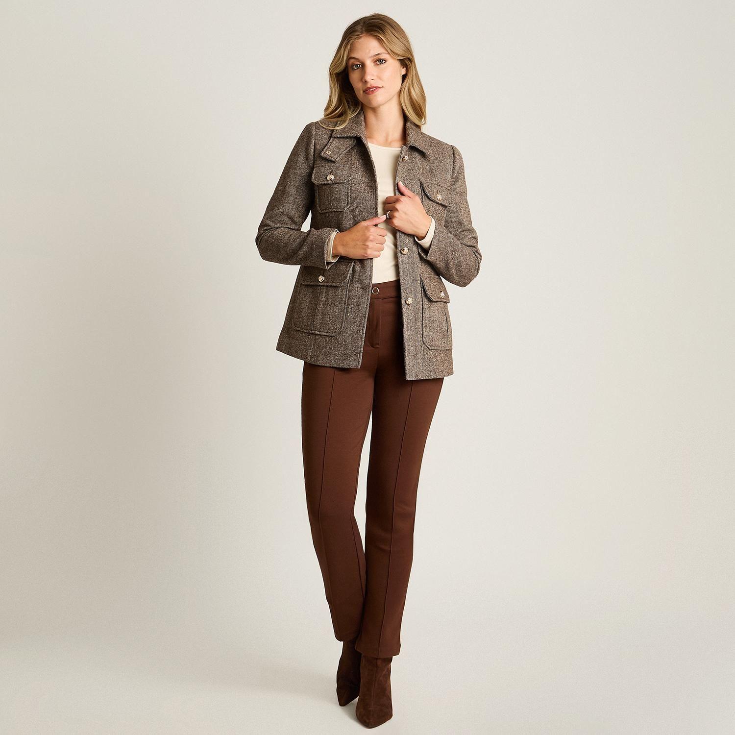 Chaqueta Café Estilo Casaca con Estampado Geométrico Clásico y Bolsillos-3