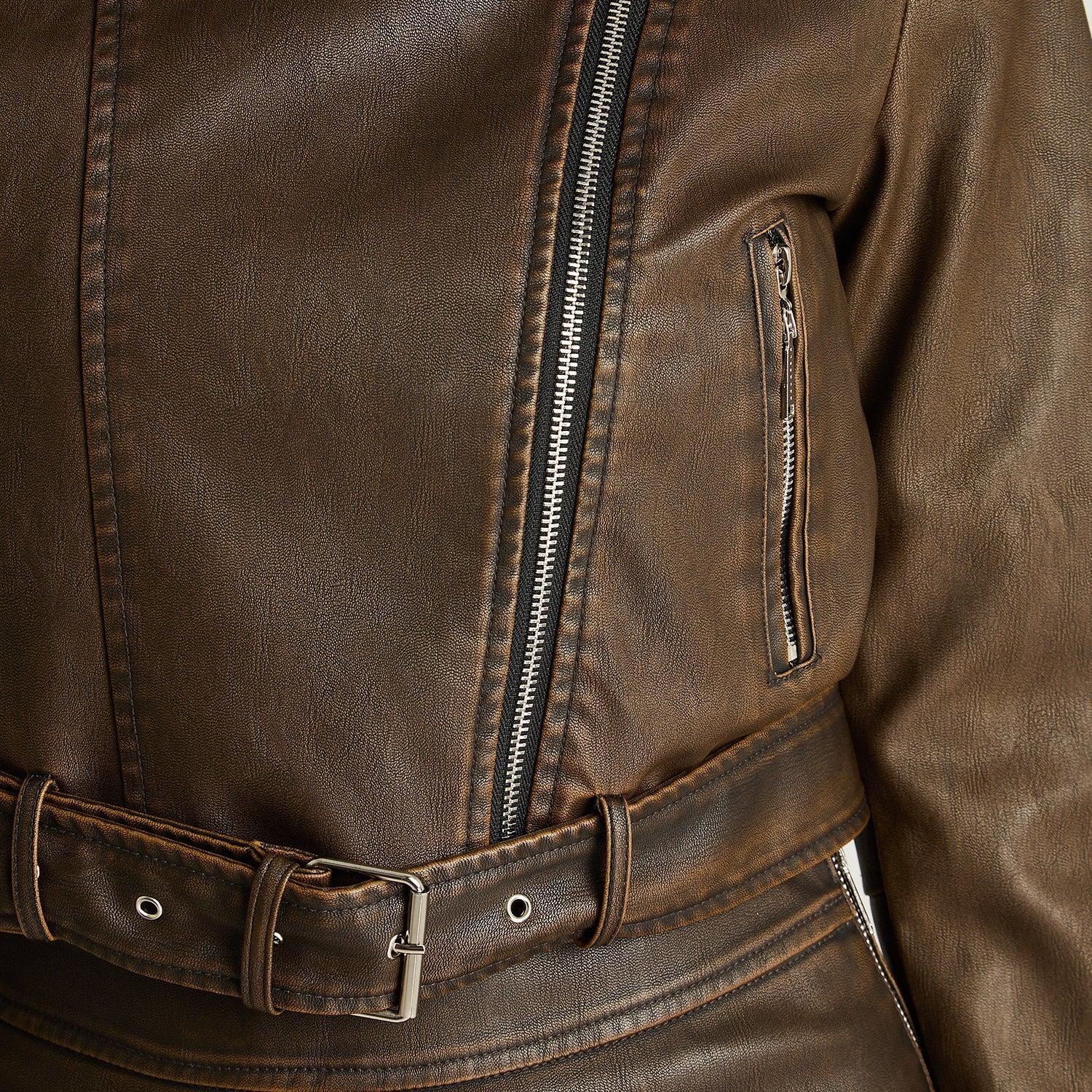 Chaqueta Biker Manga Larga Ecocuero Desgastada Café-2