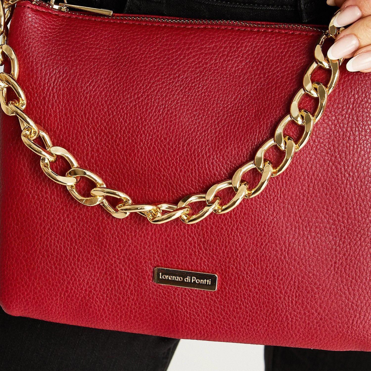 Cartera Triple Con Strap De Pu Y Cadena Rojo-2