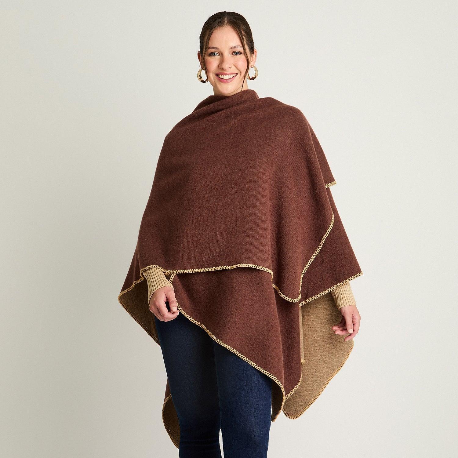 Poncho Tejido Bi Color Café-0
