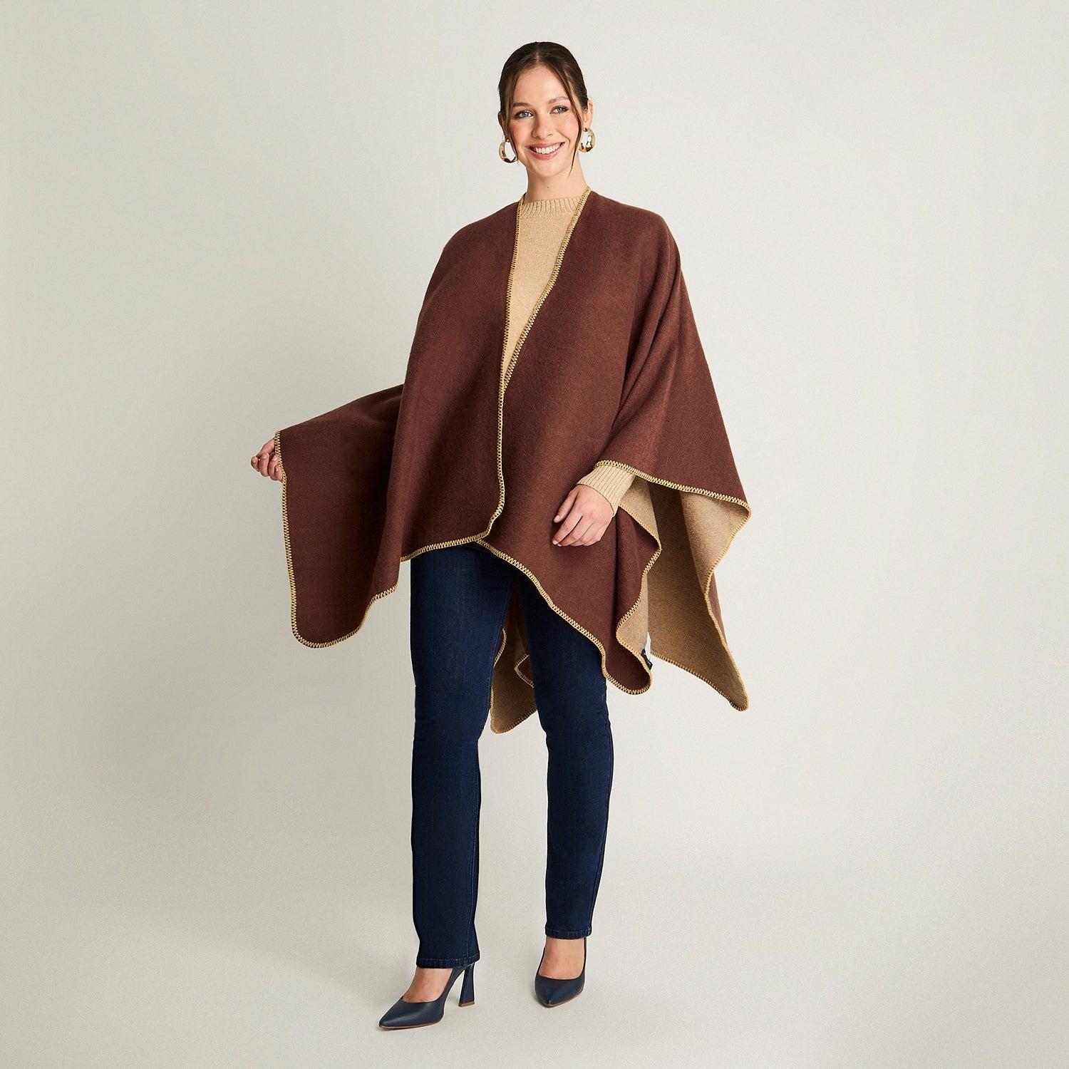 Poncho Tejido Bi Color Café-3