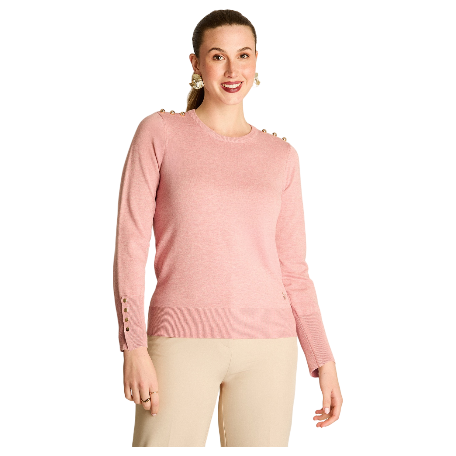 Sweater Rosado Cuello Redondo con Botones en Hombros-0