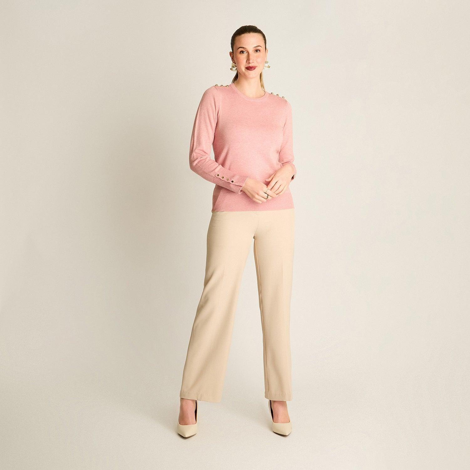 Sweater Rosado Cuello Redondo con Botones en Hombros-3