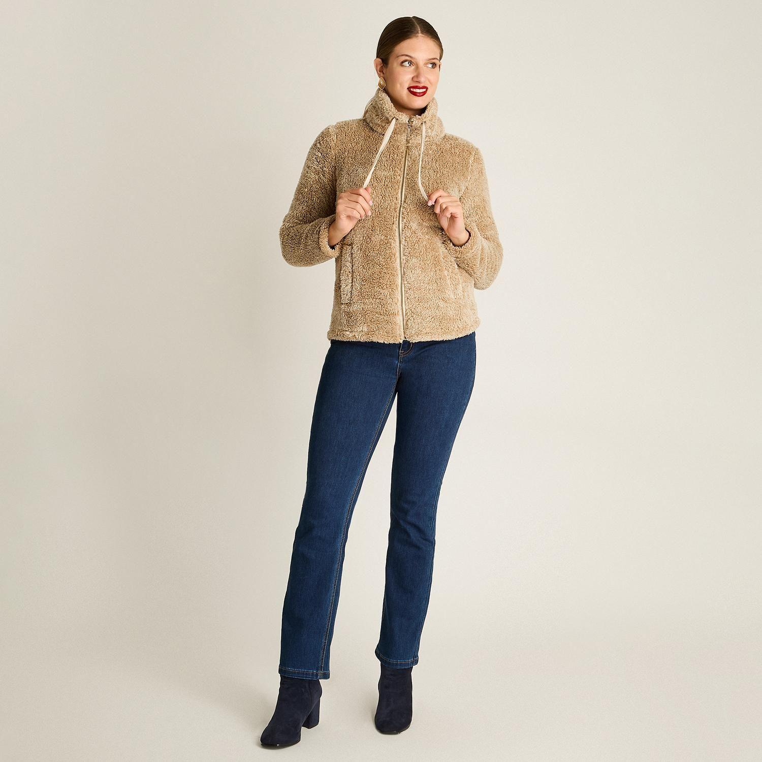 Polerón Coral Fleece Mujer Full Zipper Efecto Piel Arena-3