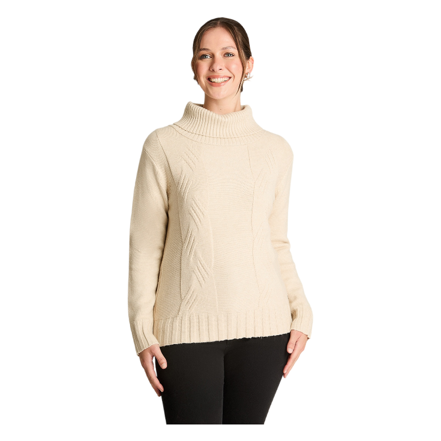 Tejido Manga Larga Cuello Bote Con Diseño Trenzado Beige-0