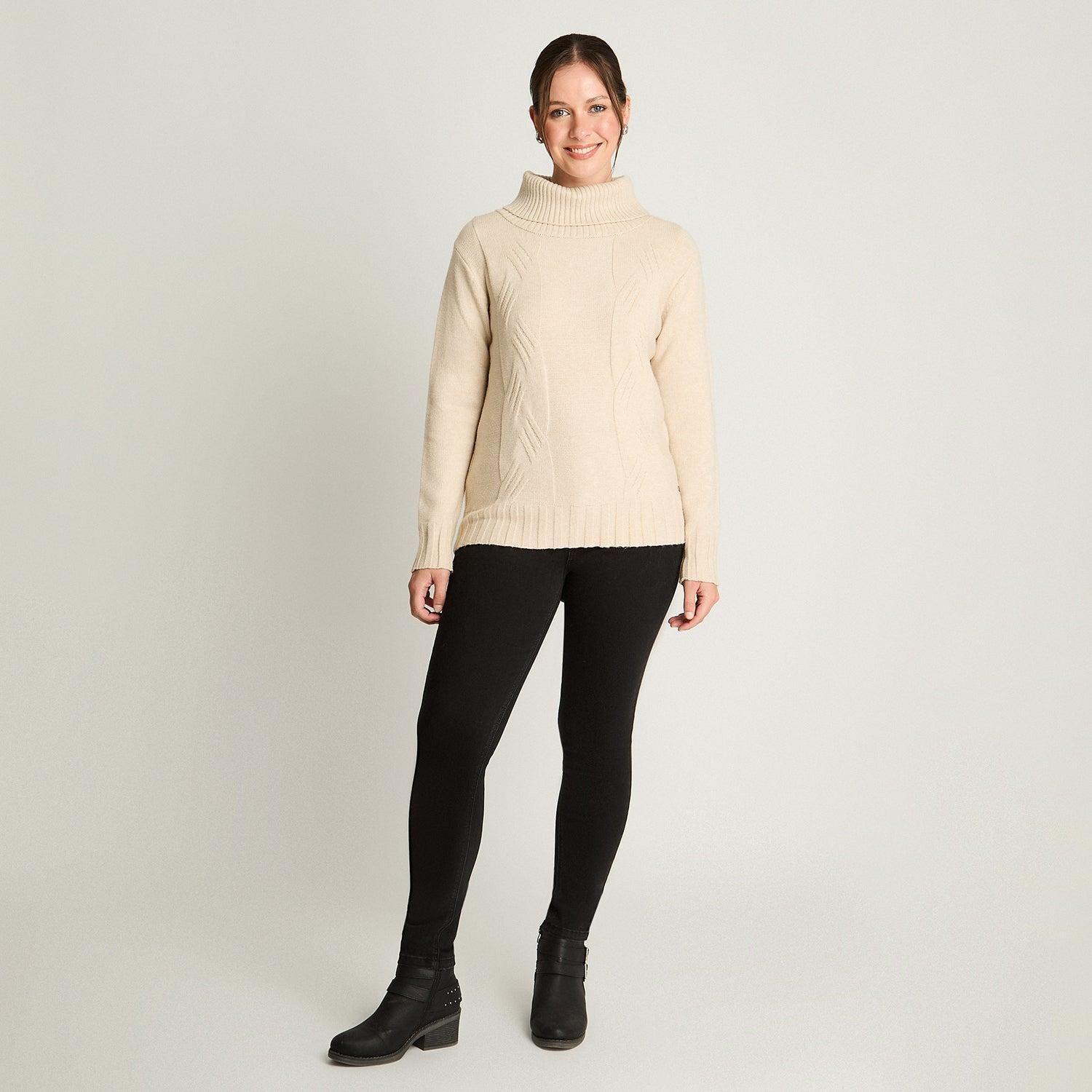 Tejido Manga Larga Cuello Bote Con Diseño Trenzado Beige-3