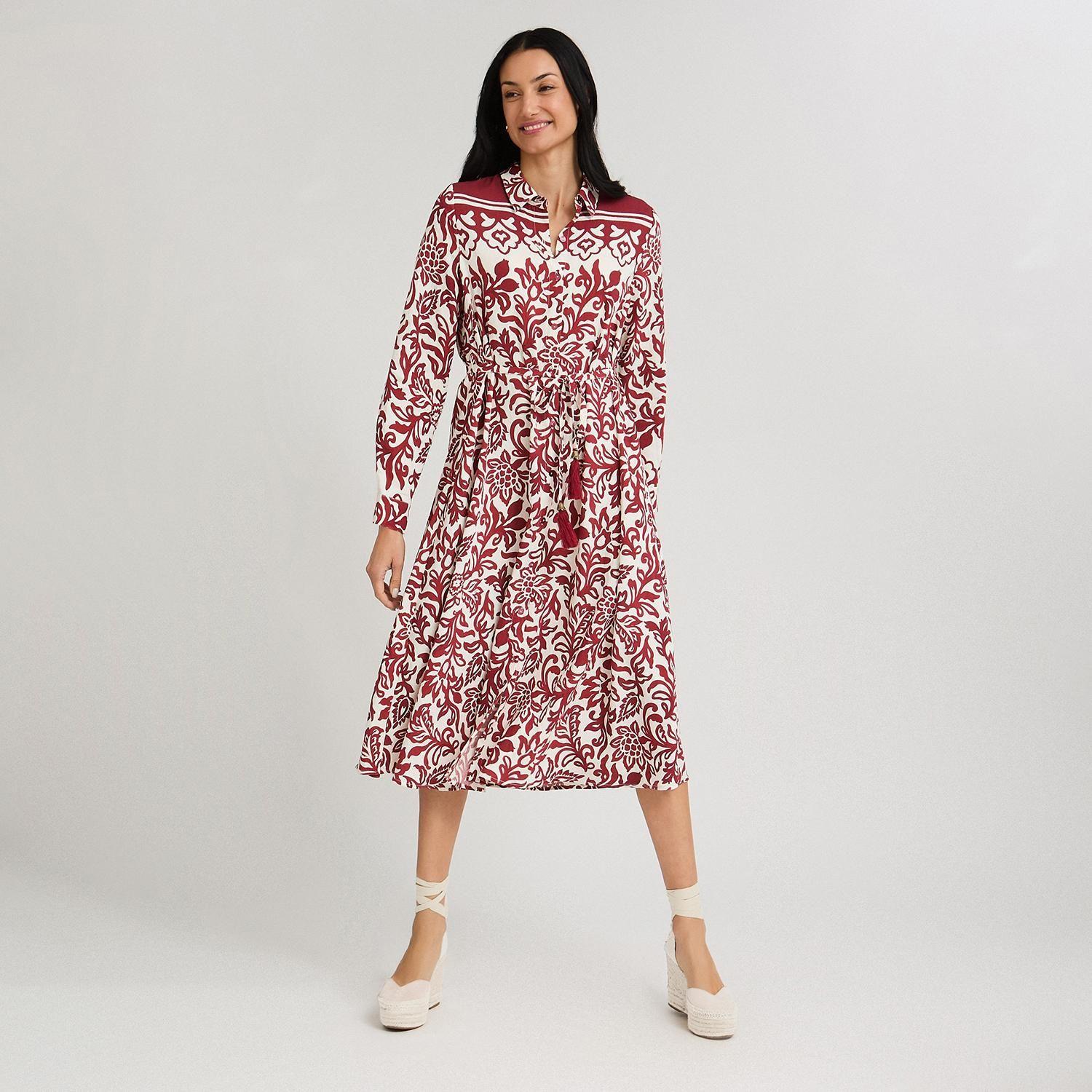 Vestido Midi Largo Manga Larga Roll Up Estampado Beige-3