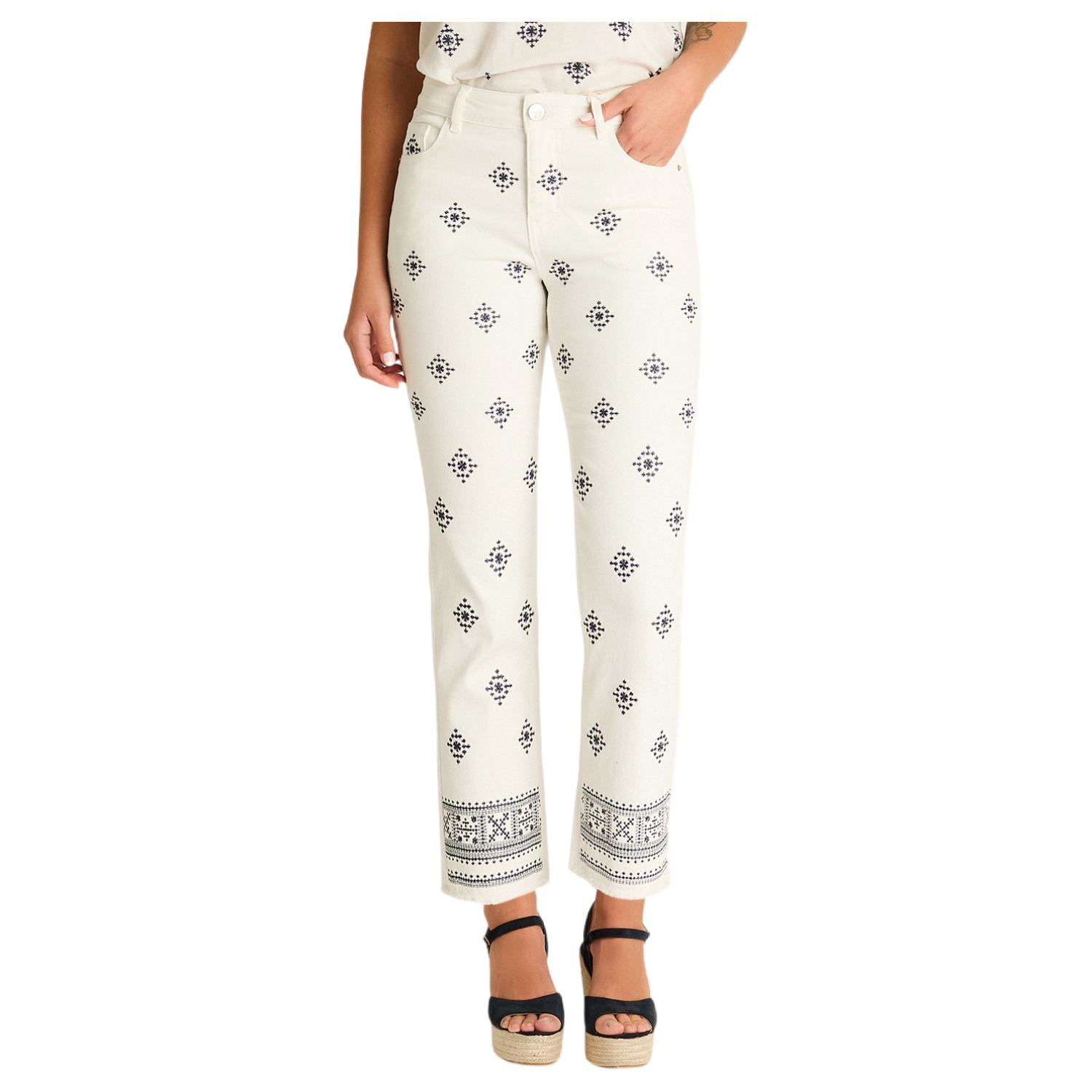 Jeans Blanco Recto con Estampado Boho Calce Normal-0