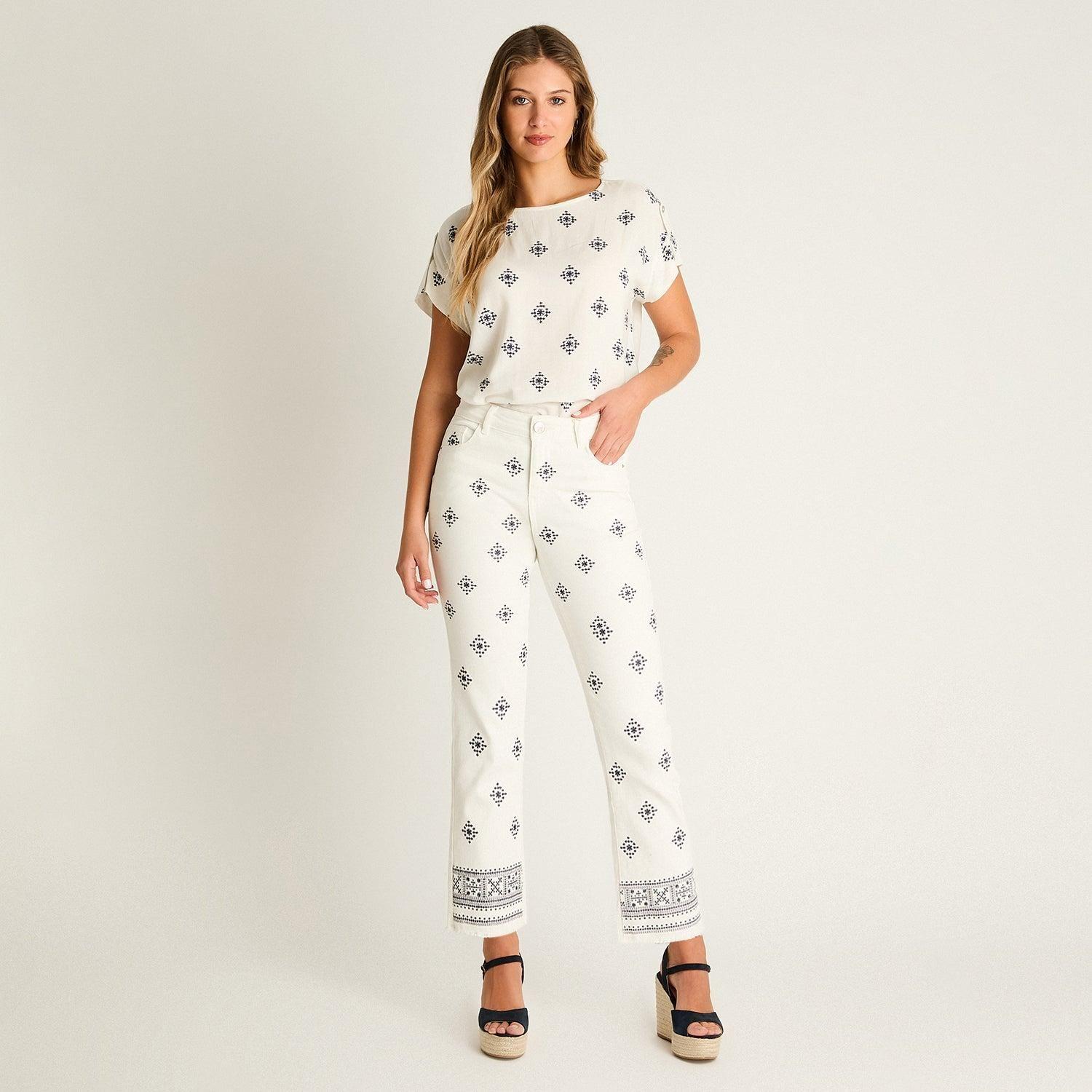 Jeans Blanco Recto con Estampado Boho Calce Normal-3