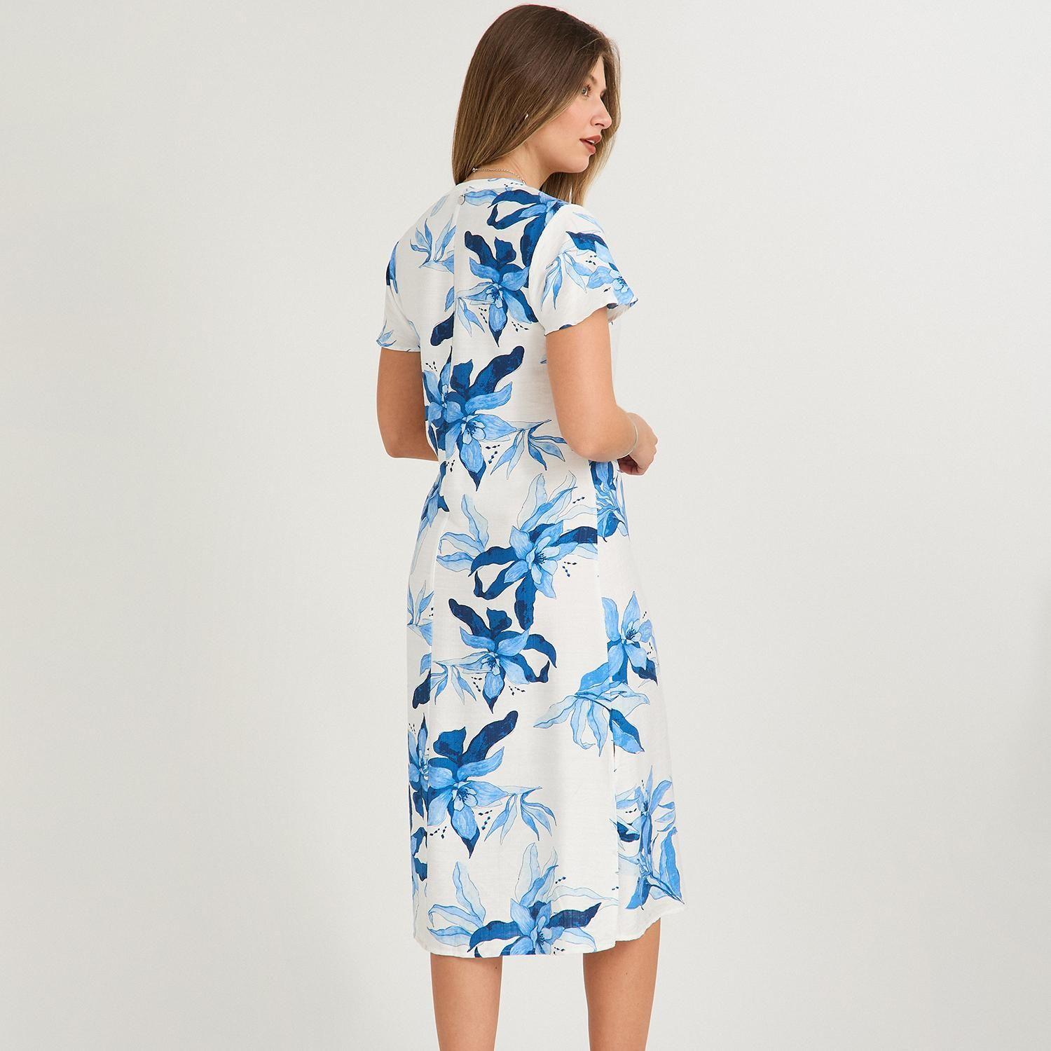 Vestido Midi Estampado Escote Mao Estampado Manga Vuelo Azul-1