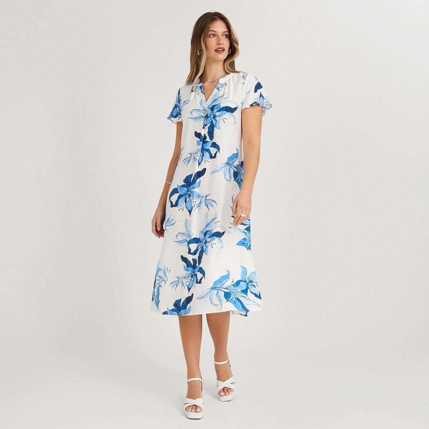 Vestido Midi Estampado Escote Mao Estampado Manga Vuelo Azul-3