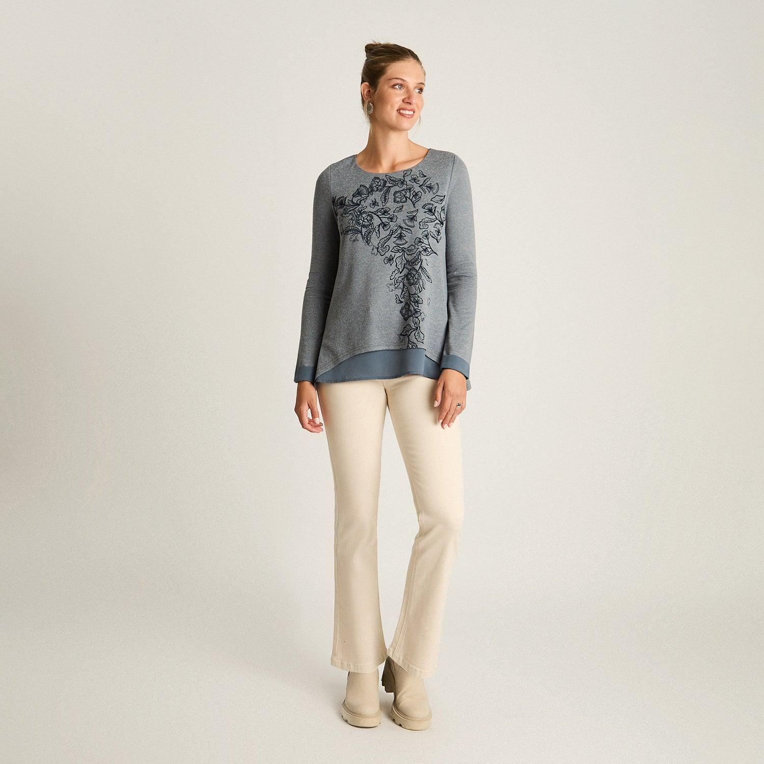 Polera Indigo Lanilla Manga Larga Terminación en Punta Estampada-3