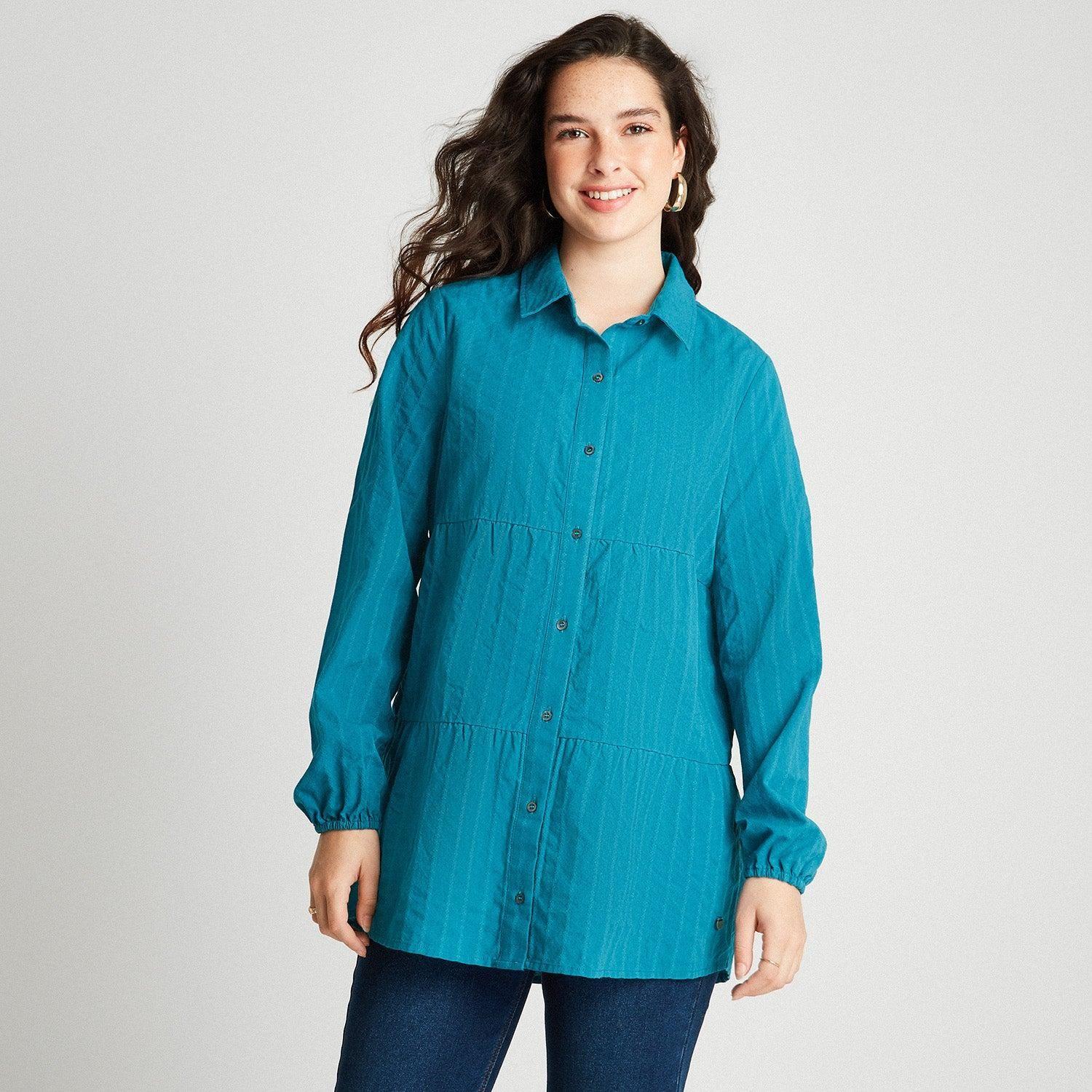 Blusa Manga Larga Tela De Fantasía Azul Petróleo-0