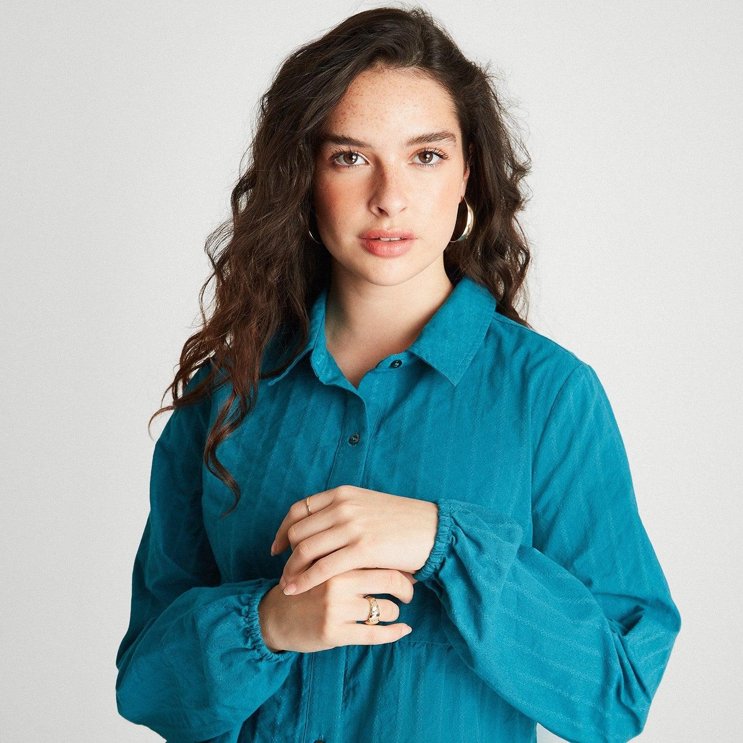 Blusa Manga Larga Tela De Fantasía Azul Petróleo-2