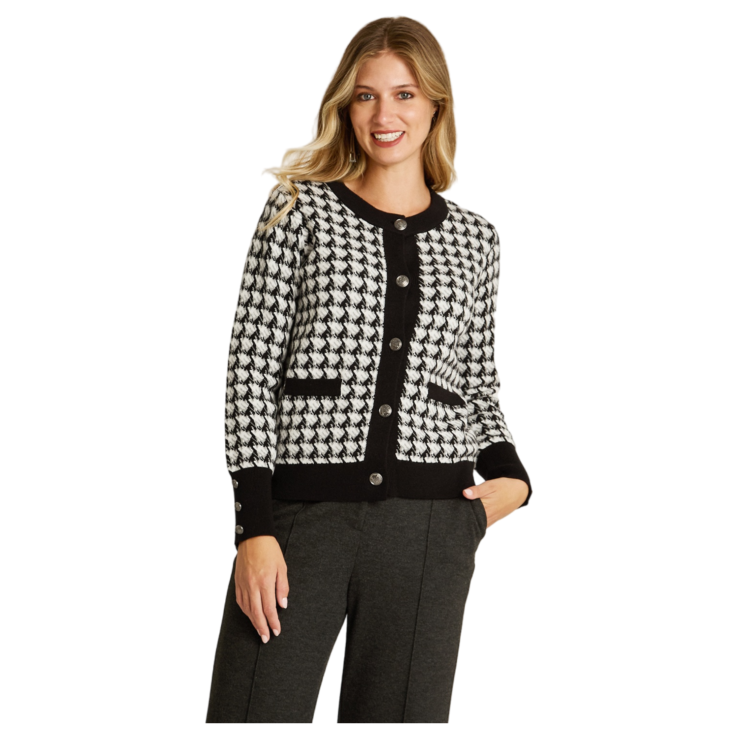 Cardigan Blanco con Estampado Geométrico Clásico y Botones Plateados en Tejido-0