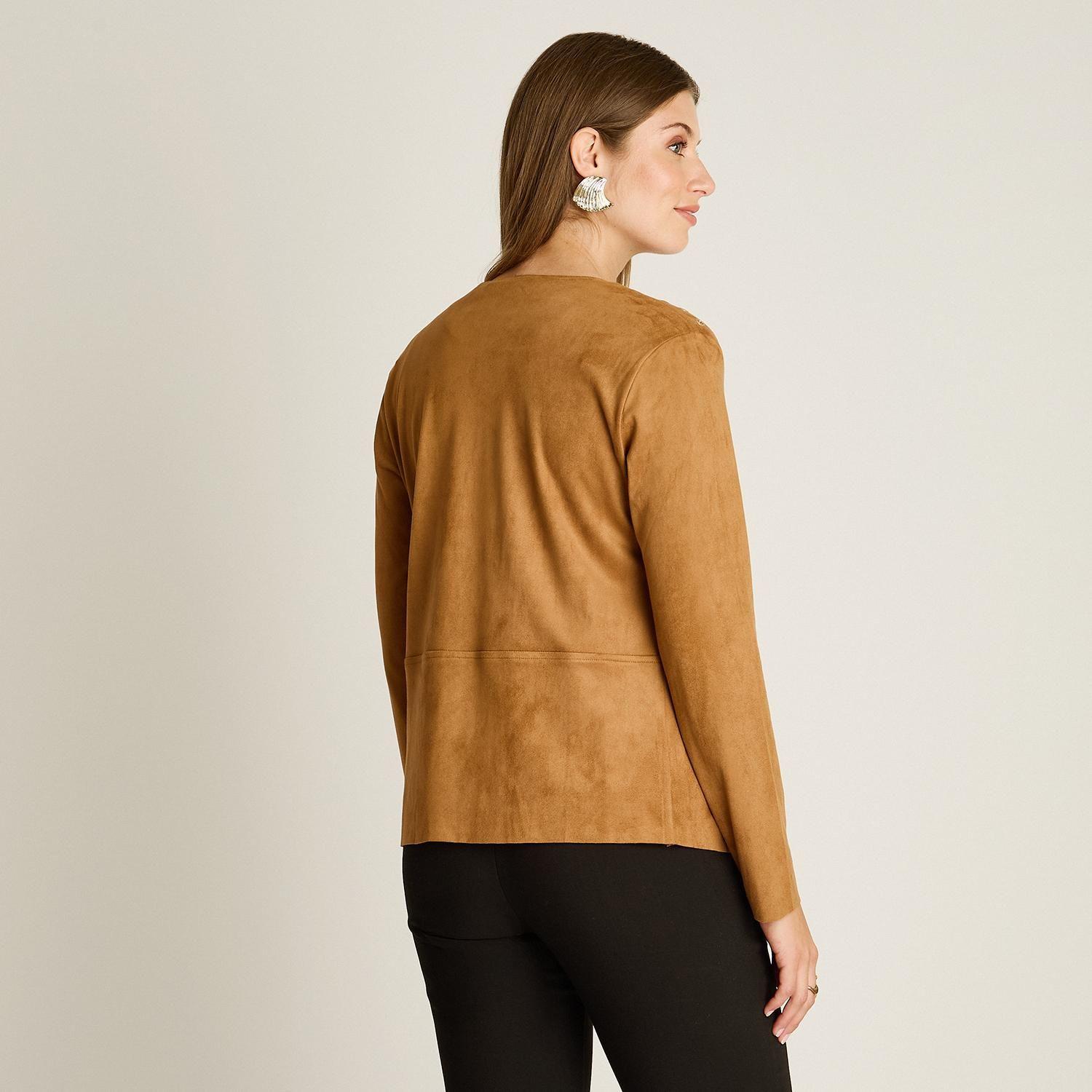 Chaqueta Suede Mujer Asimétrica Camel Manga Larga-1