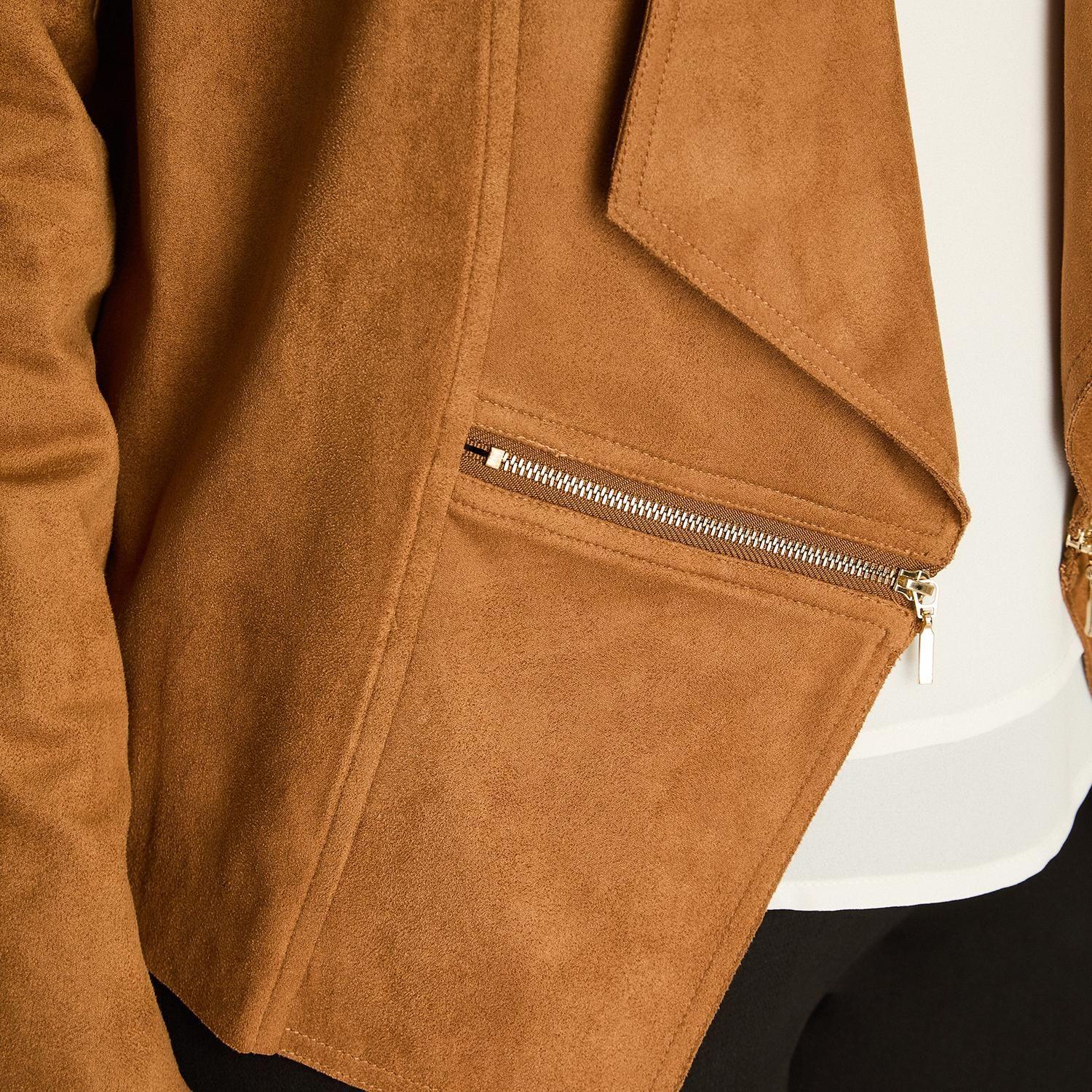 Chaqueta Suede Mujer Asimétrica Camel Manga Larga-2