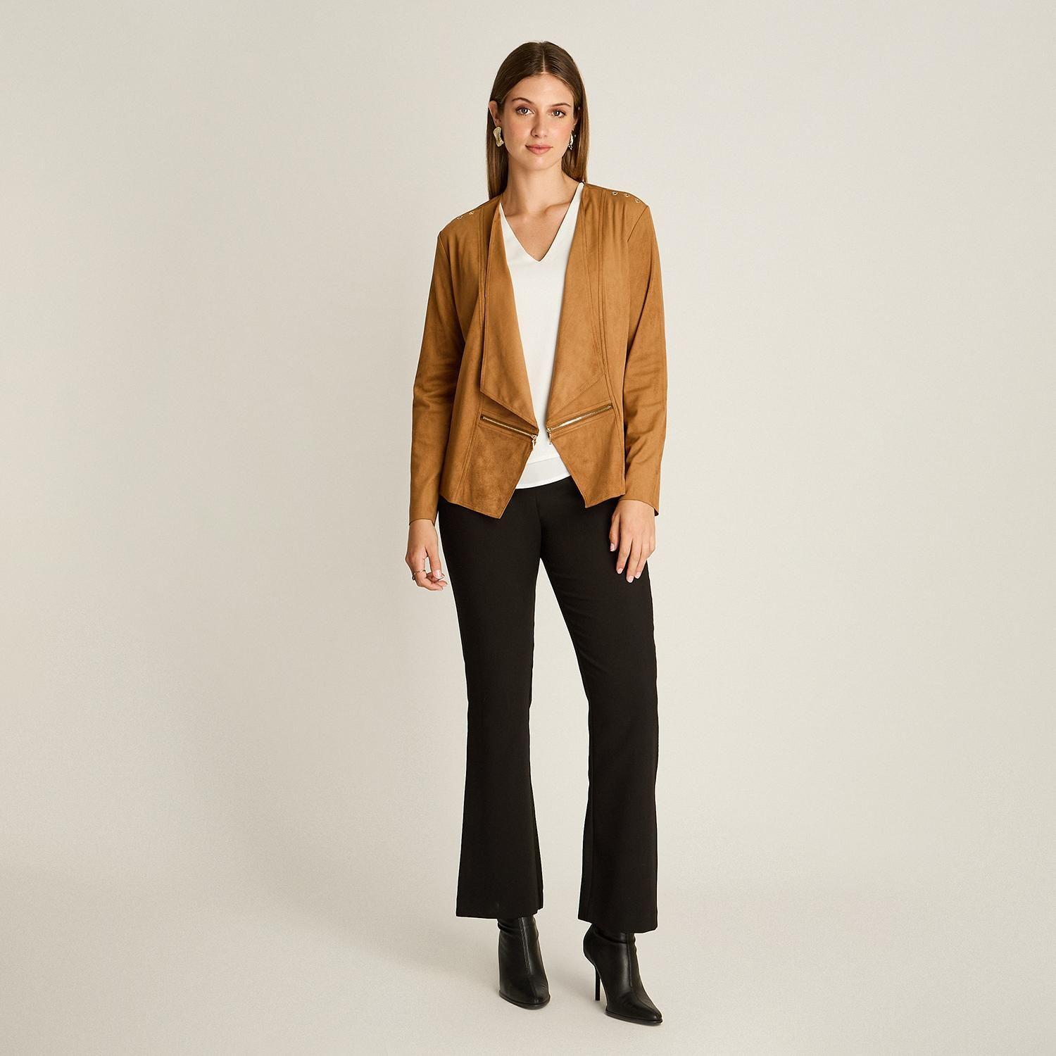 Chaqueta Suede Mujer Asimétrica Camel Manga Larga-3