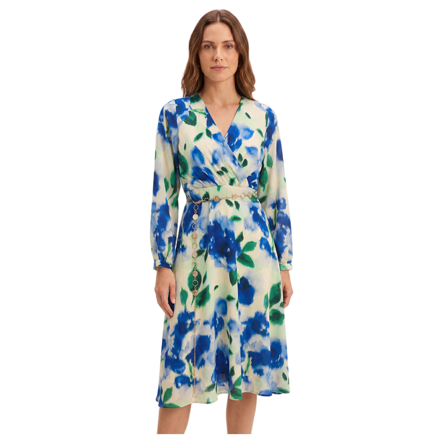 Vestido Midi Escote V con Cinturón Estampado Beige-0