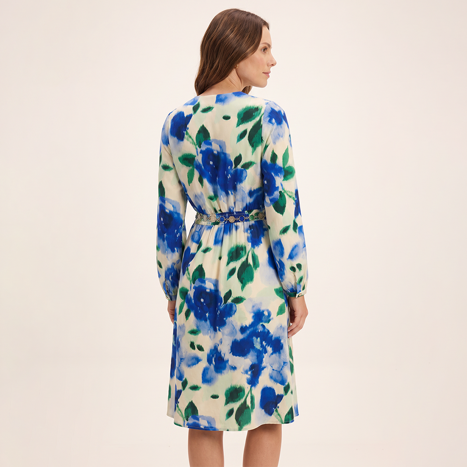 Vestido Midi Escote V con Cinturón Estampado Beige-1