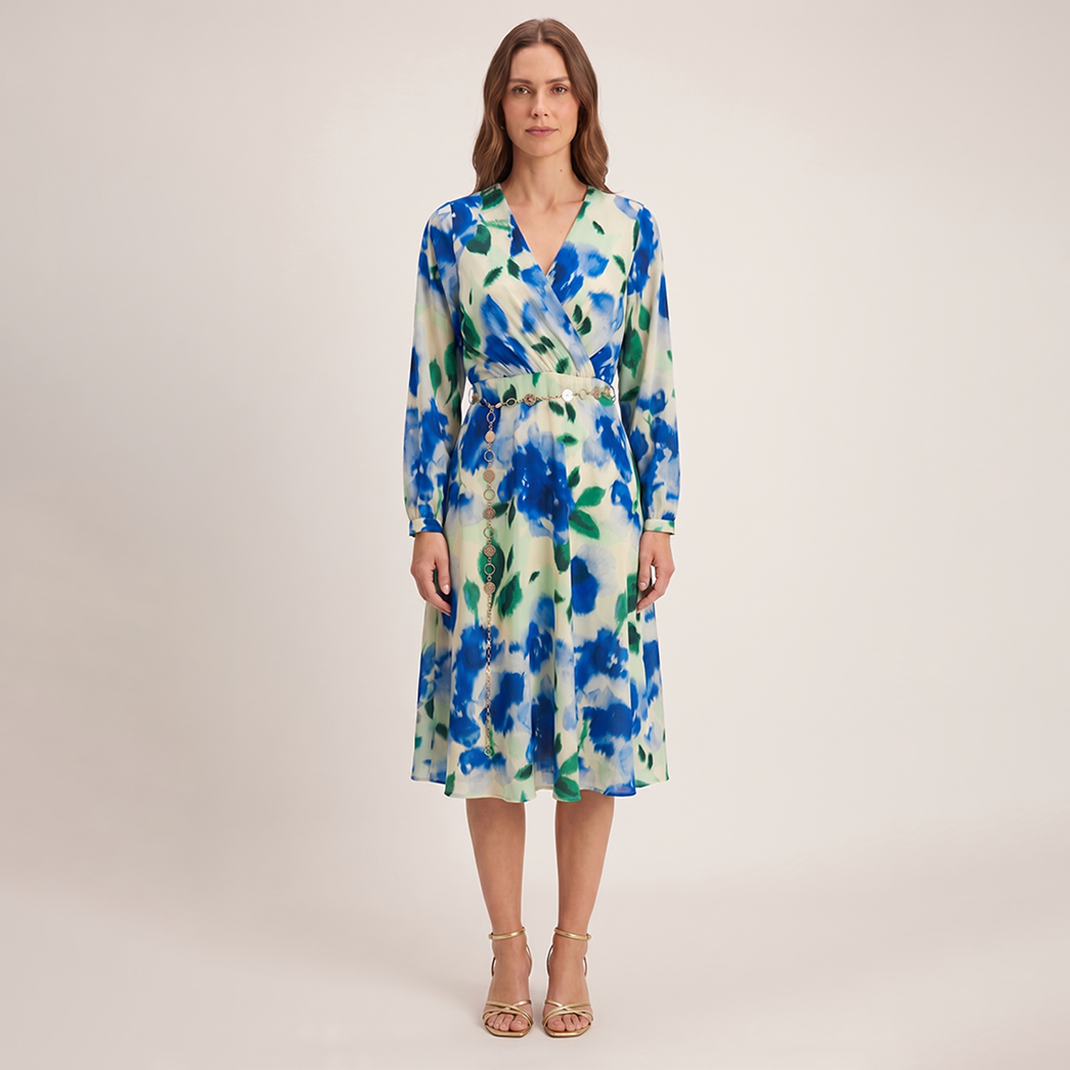 Vestido Midi Escote V con Cinturón Estampado Beige-3