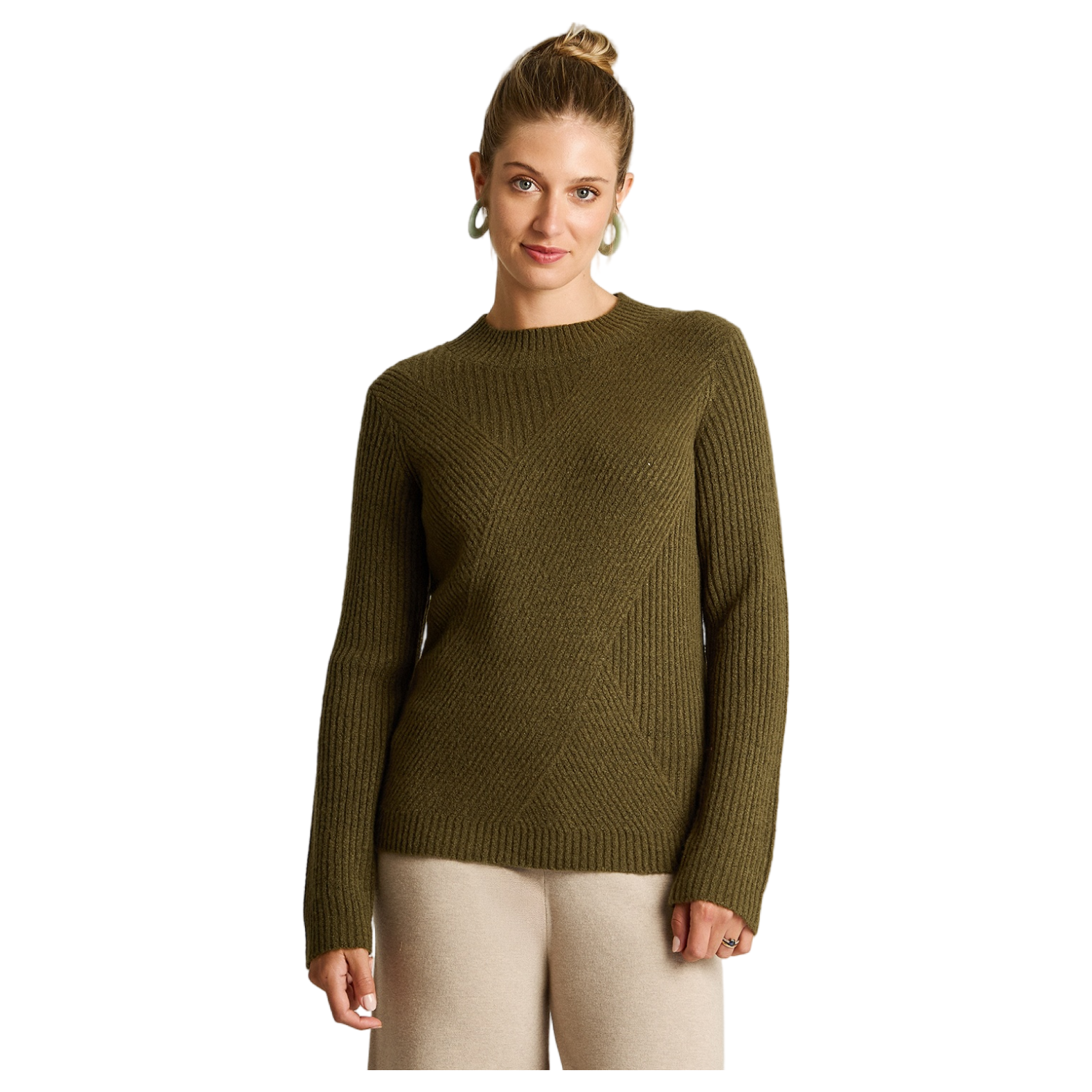 Sweater verde oliva con cuello redondo y tejido en relieve-0