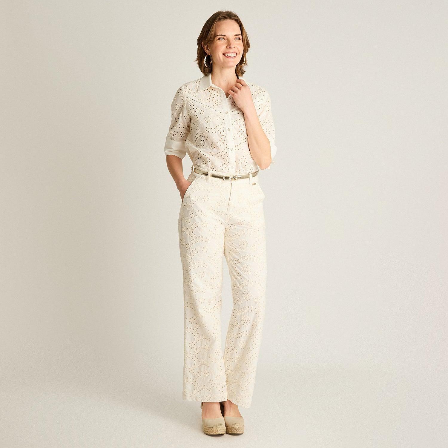 Pantalón Broderie Crudo Recto con Cinturón-3