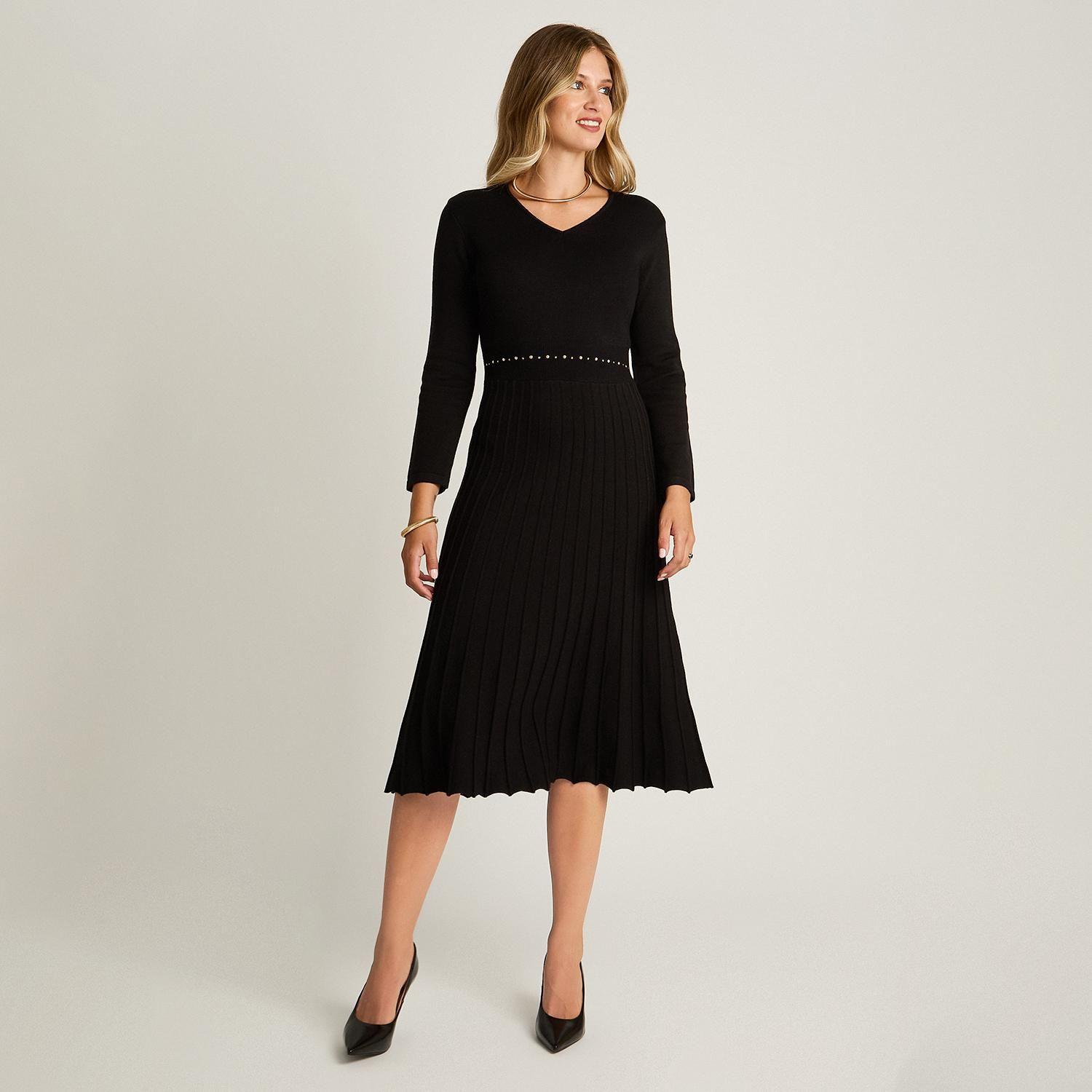 Vestido Tejido Negro Midi Con Falda Plisada Y Tachas-3