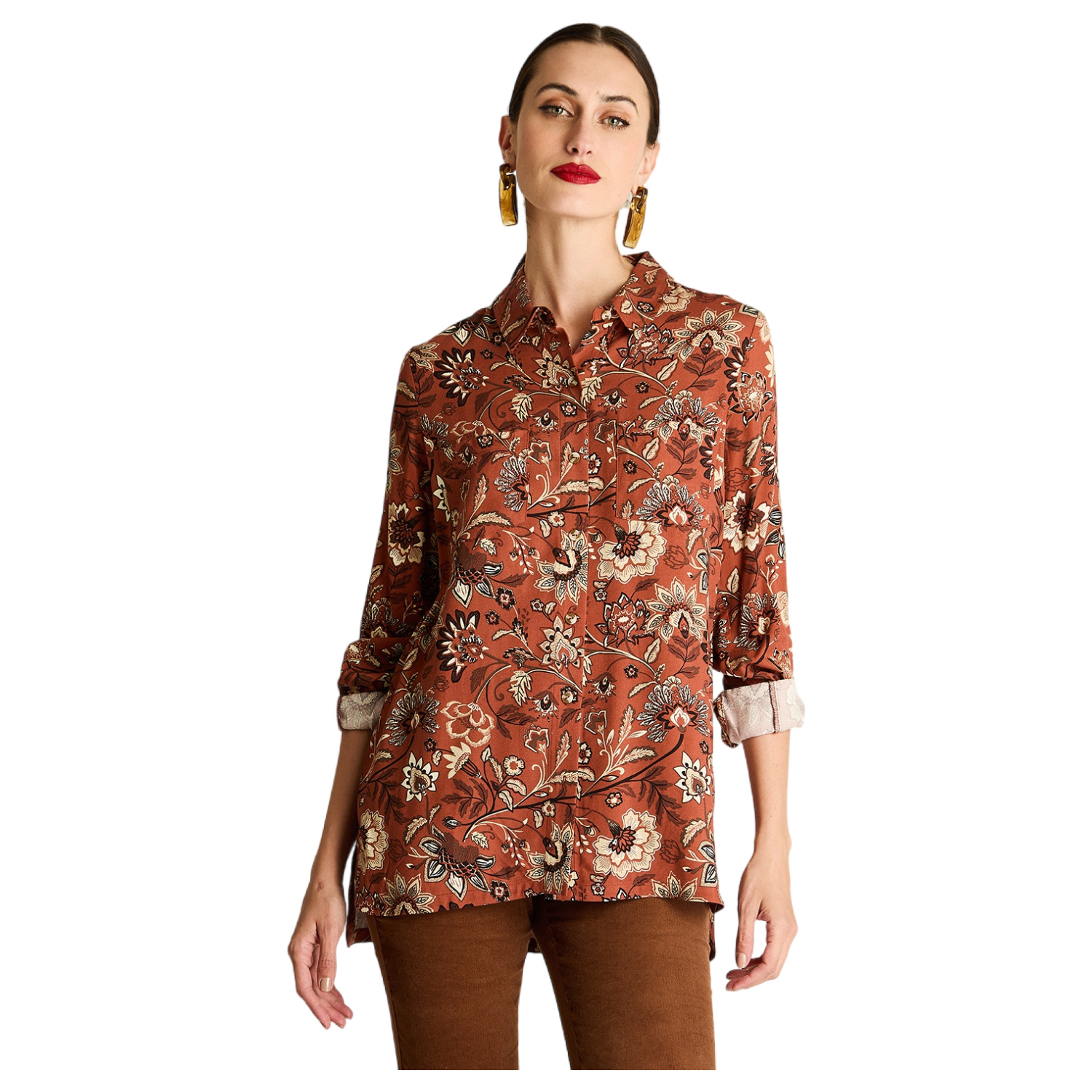 Blusa Manga Larga Estampada Viscosa Twill Terracota-0