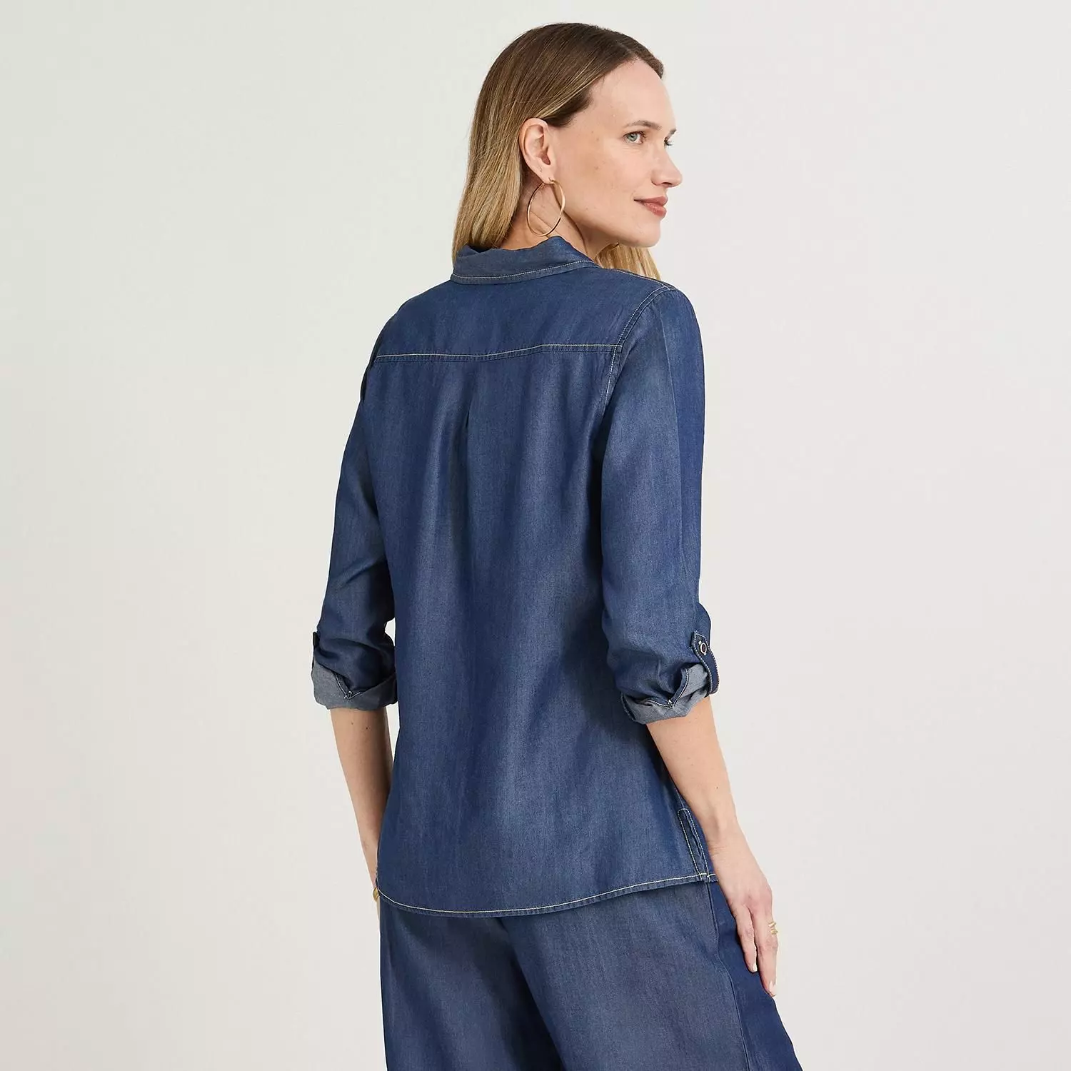 Blusa Lyocell Manga Larga Roll Up Azul-1