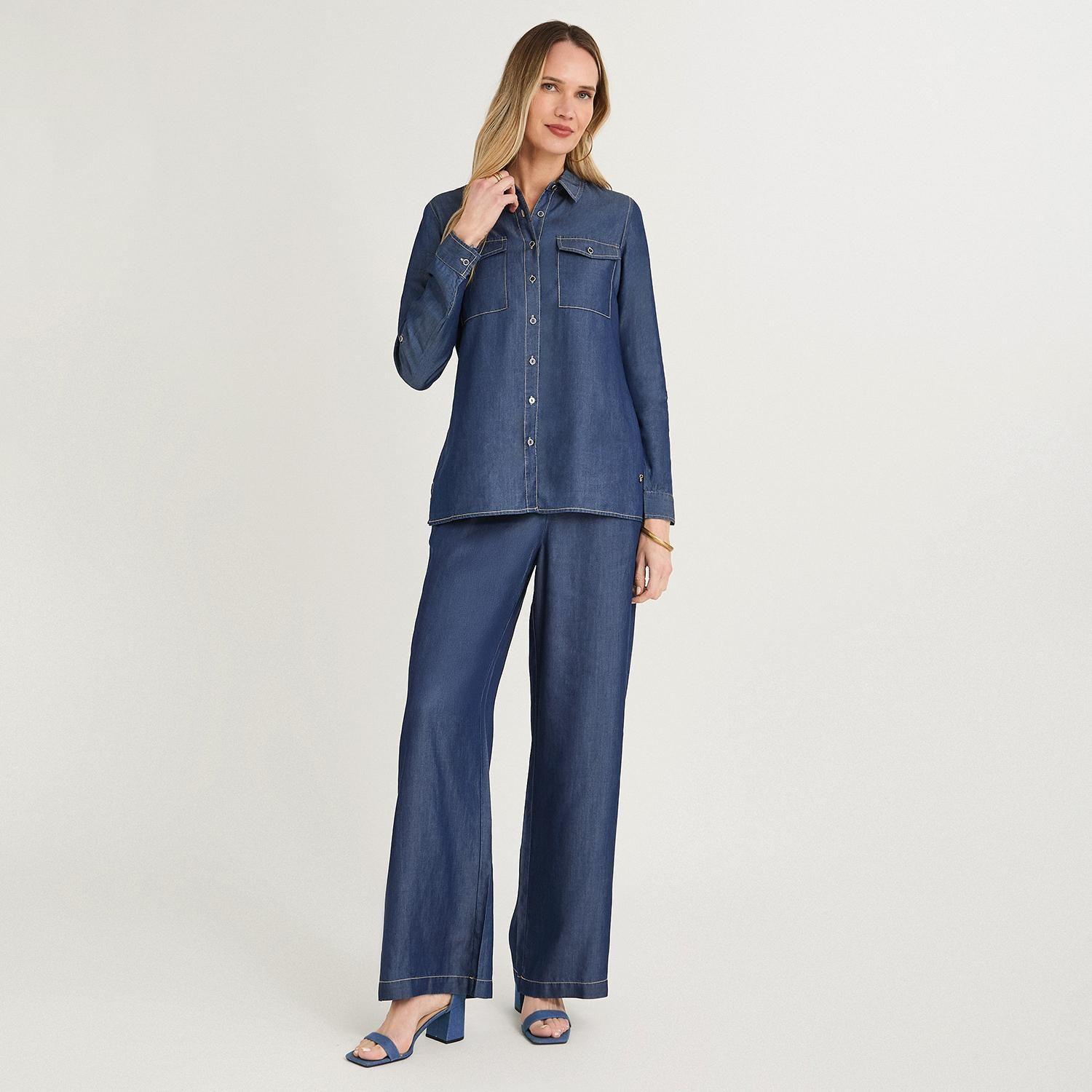 Blusa Lyocell Manga Larga Roll Up Azul-3
