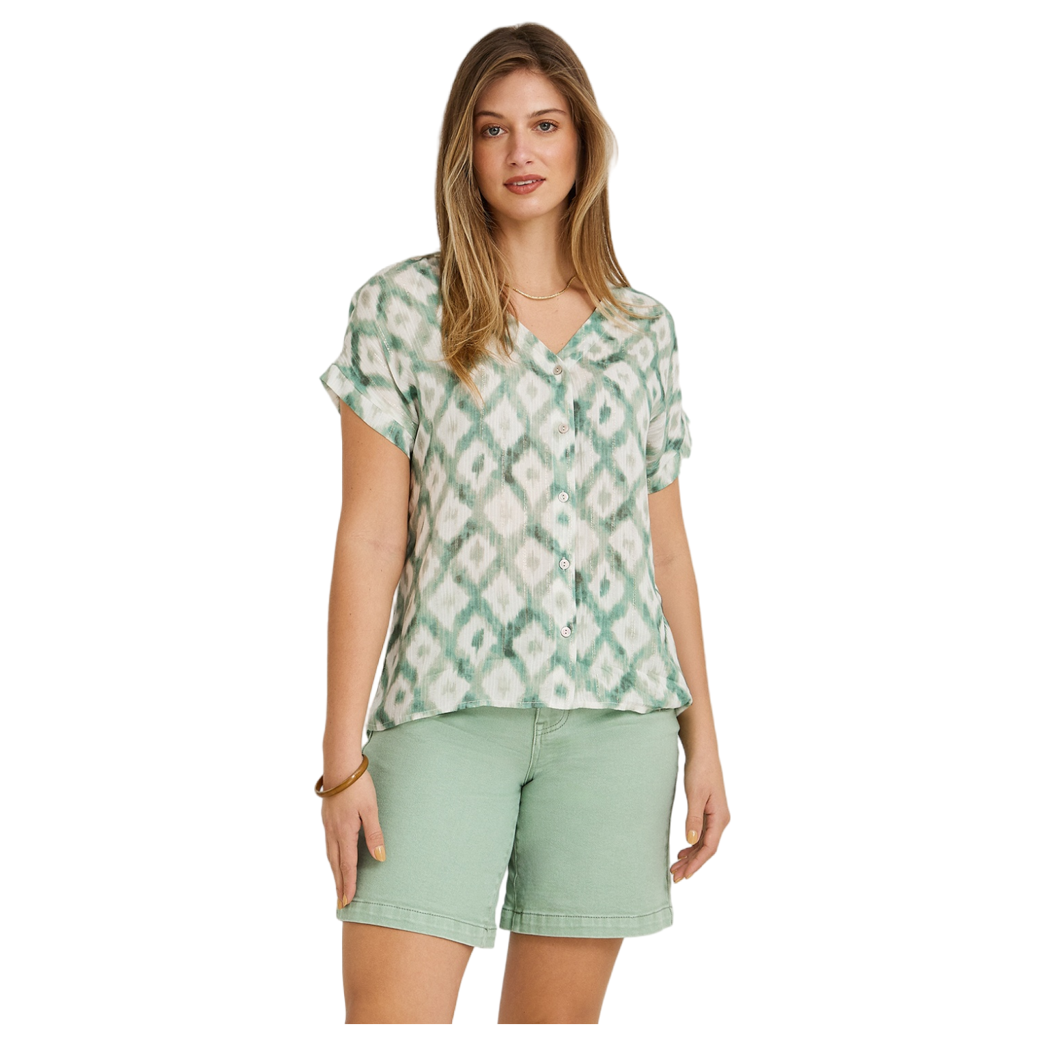 Blusa Manga Corta Estampada con Lurex Verde-0