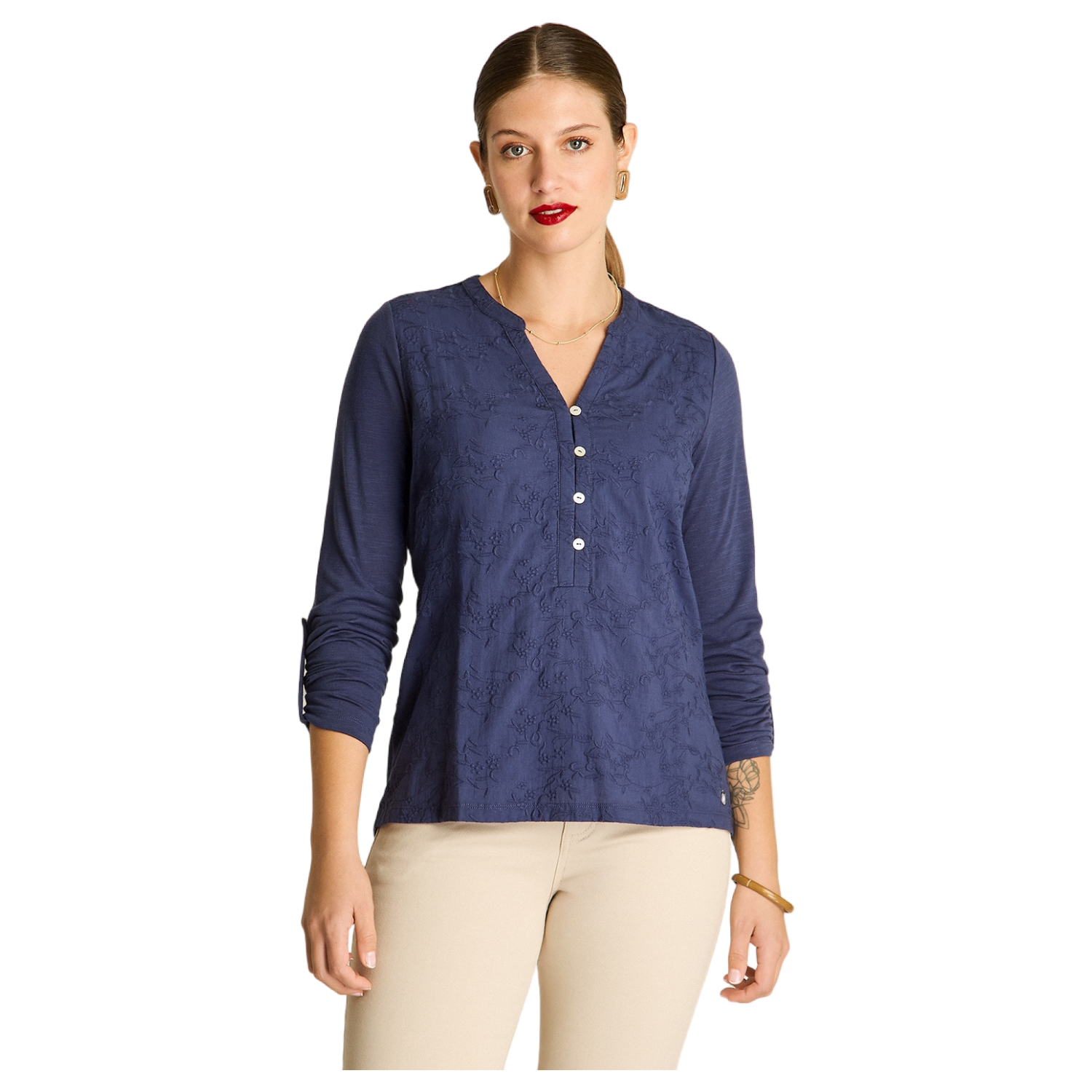 Polera Azul Manga Larga con Cuello Mao y Detalles Bordados-0