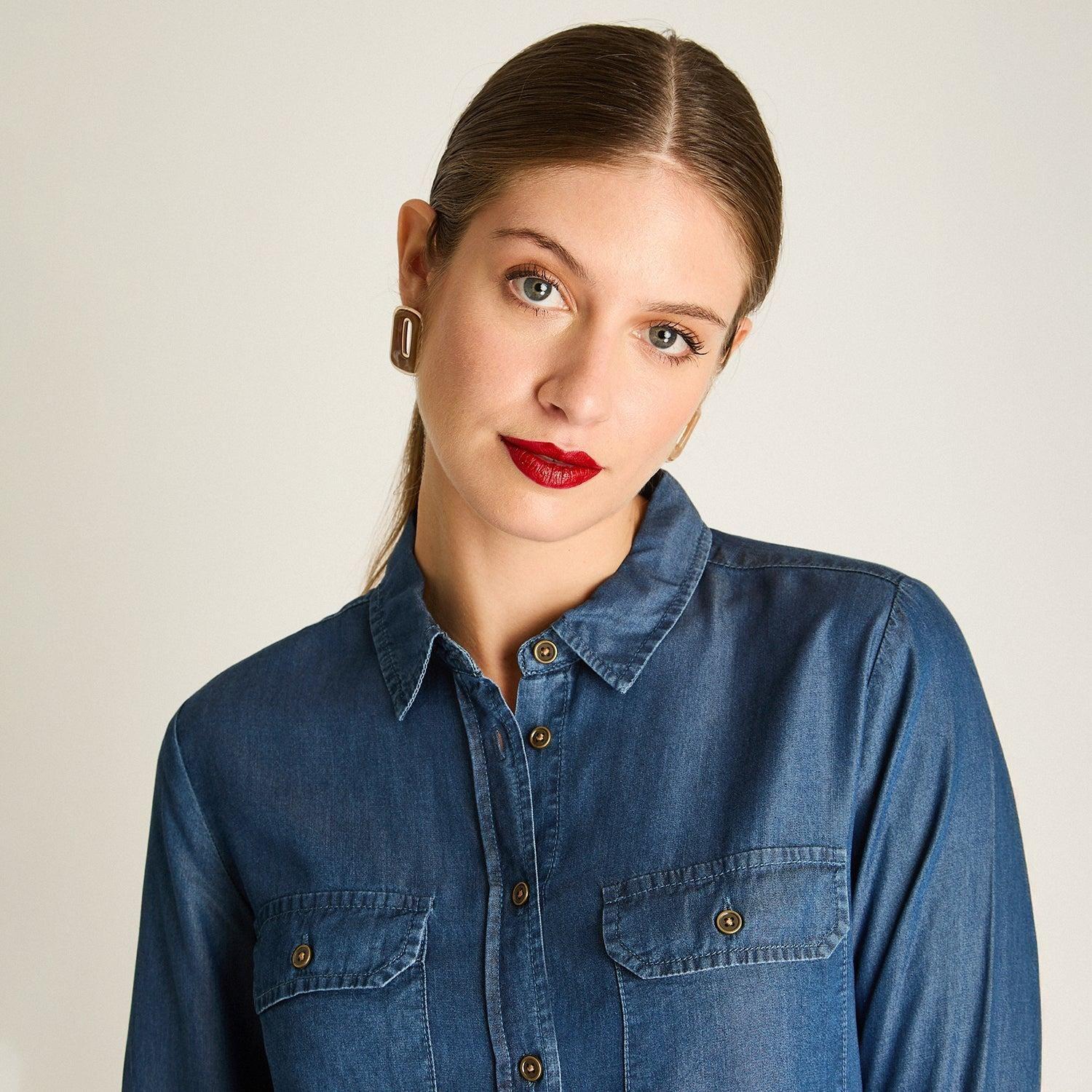 Blusa Lyocell Look Denim Manga Larga Roll Up-2