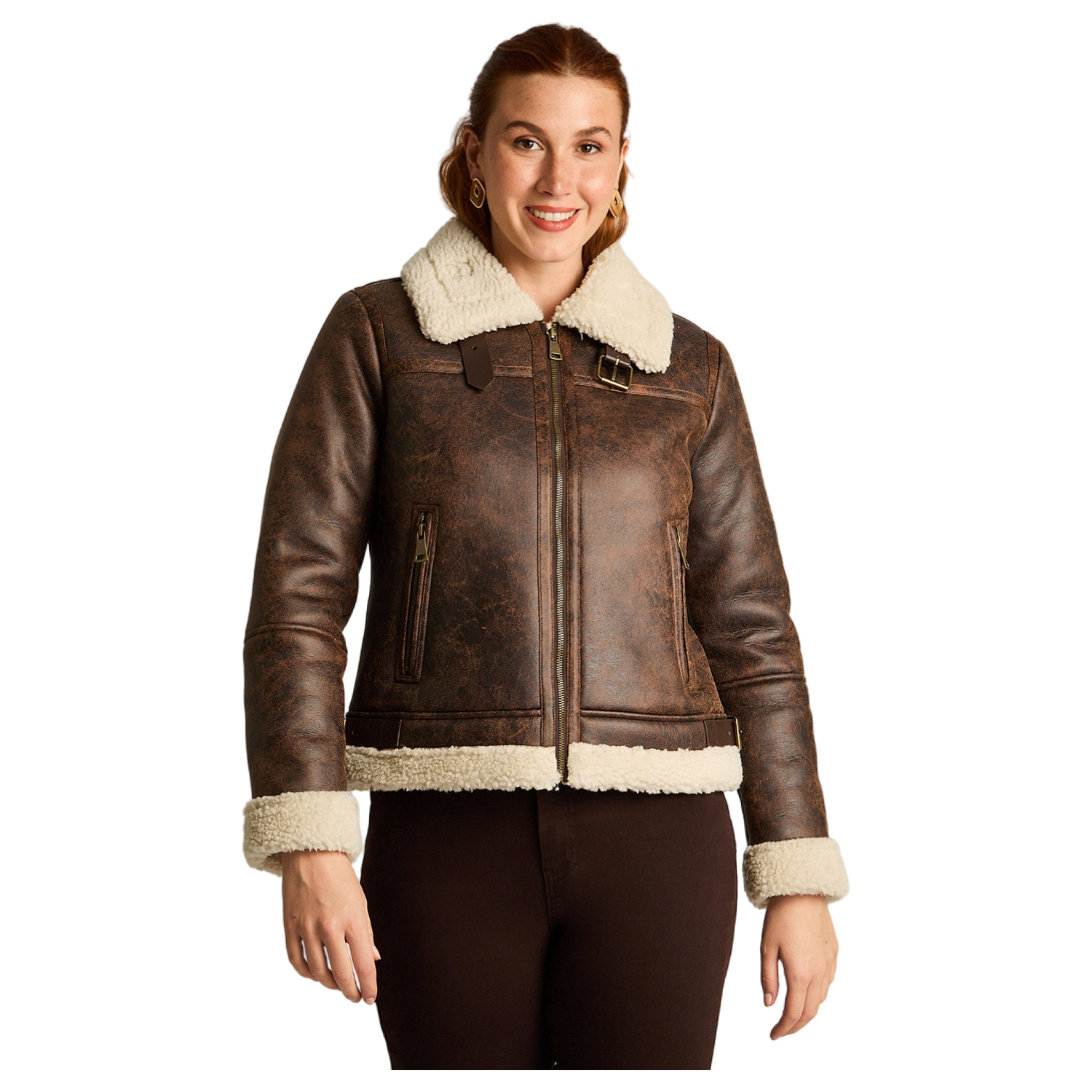 Chaqueta Aviadora Café con Forro Sherpa y Detalle Envejecido-0