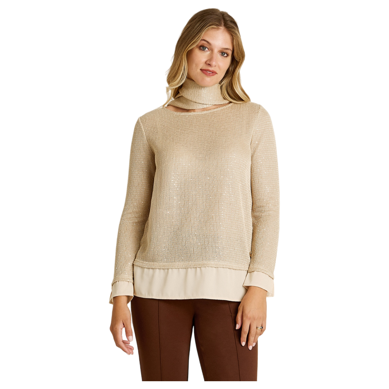 Polera Beige de Lanilla con Lentejuelas y Bufanda Incorporada-0