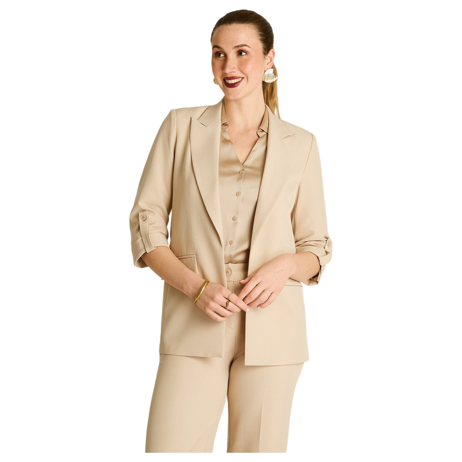 Blazer Beige Manga 3/4 con Bolsillos y Solapa-0