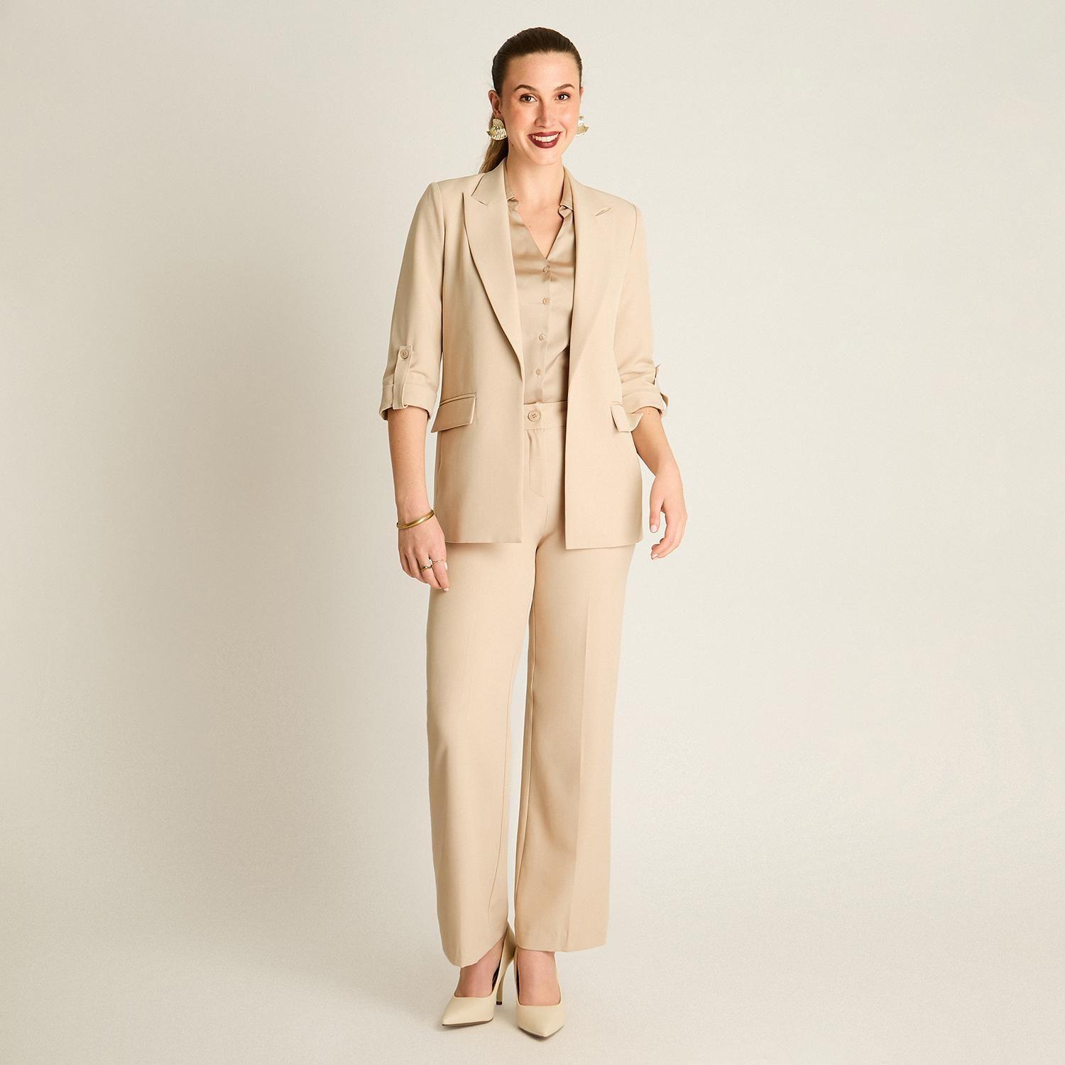 Blazer Beige Manga 3/4 con Bolsillos y Solapa-3