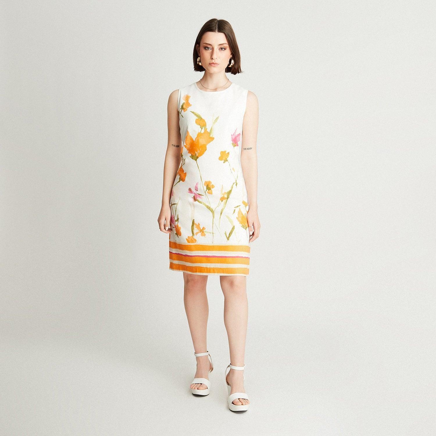 Vestido Midi Blanco Sin Manga Estampado Cuello Redondo-3
