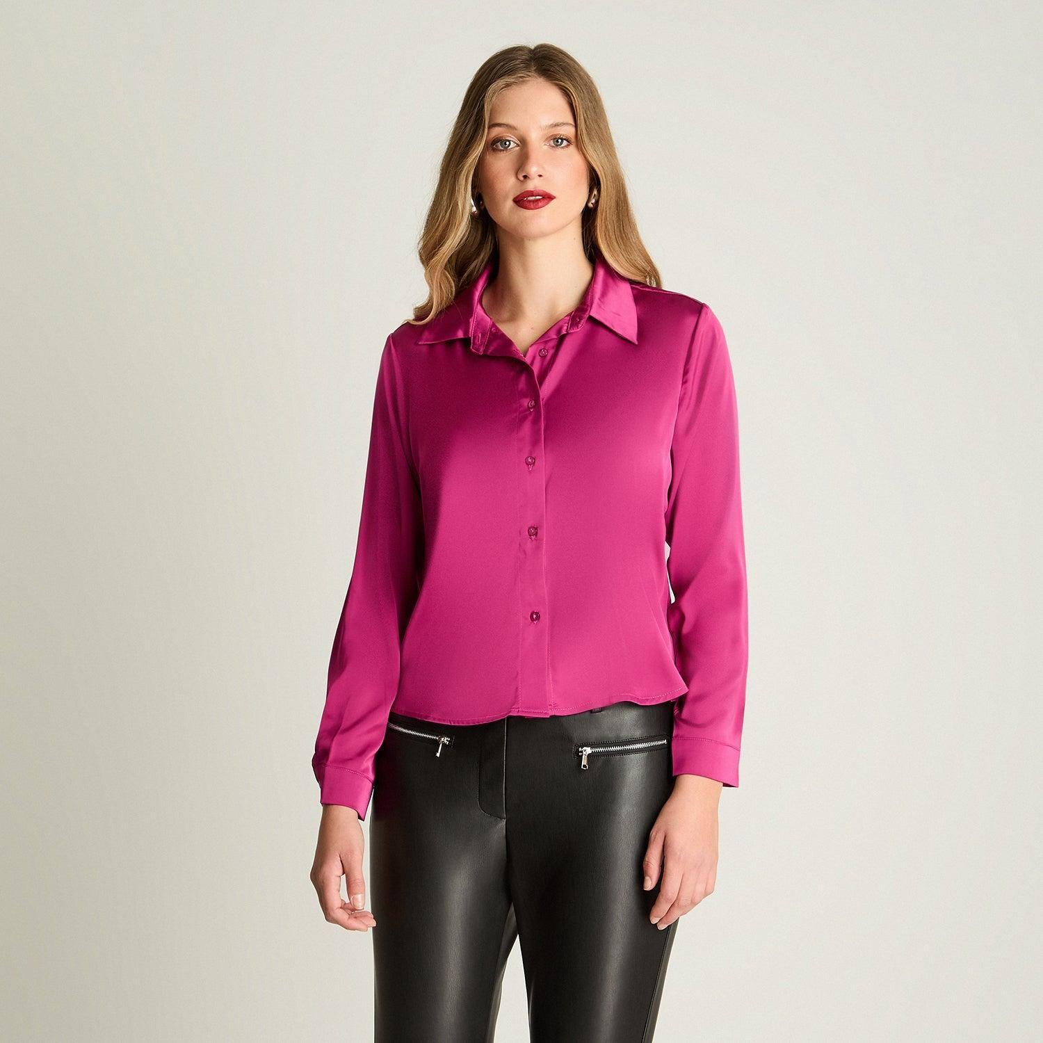 Blusa Manga Larga Camisera Satinada Magenta-0