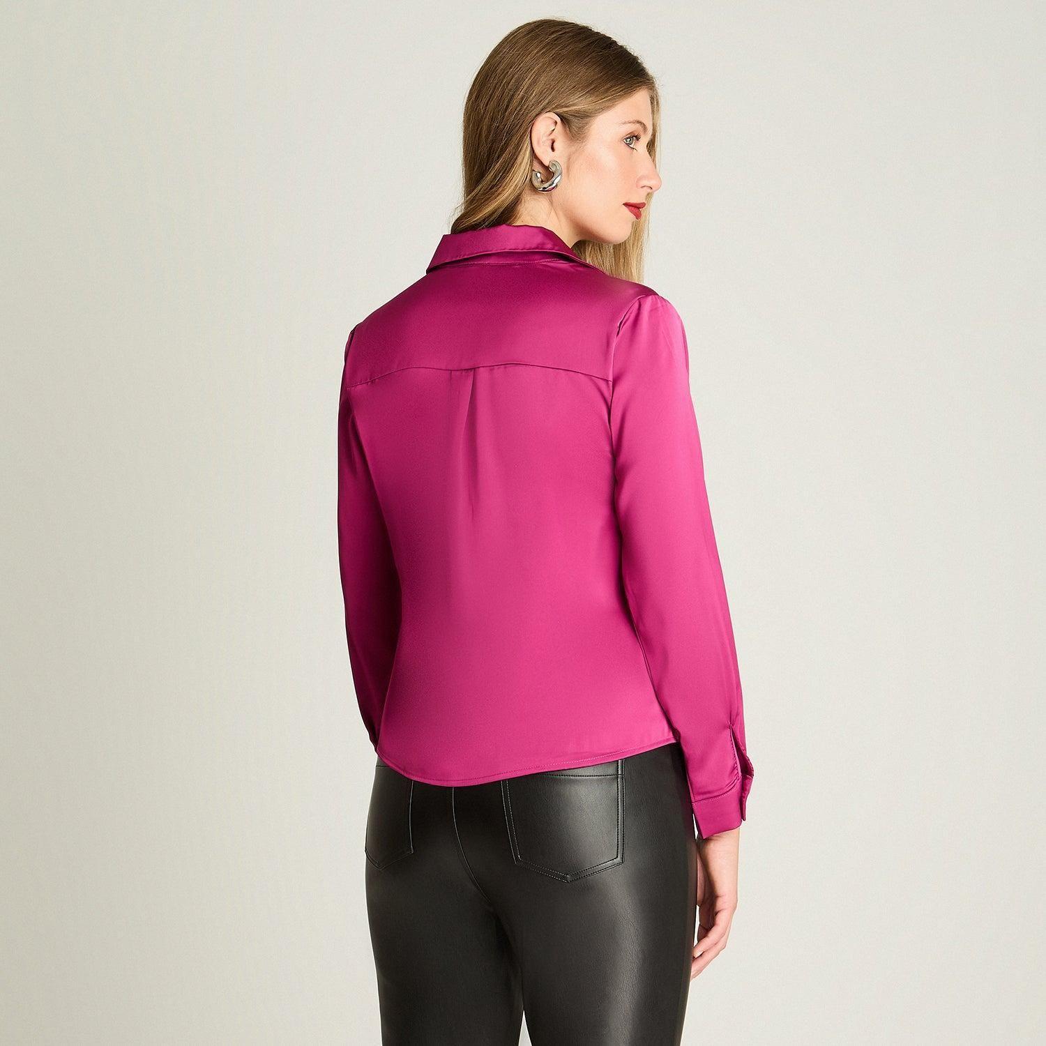 Blusa Manga Larga Camisera Satinada Magenta-1